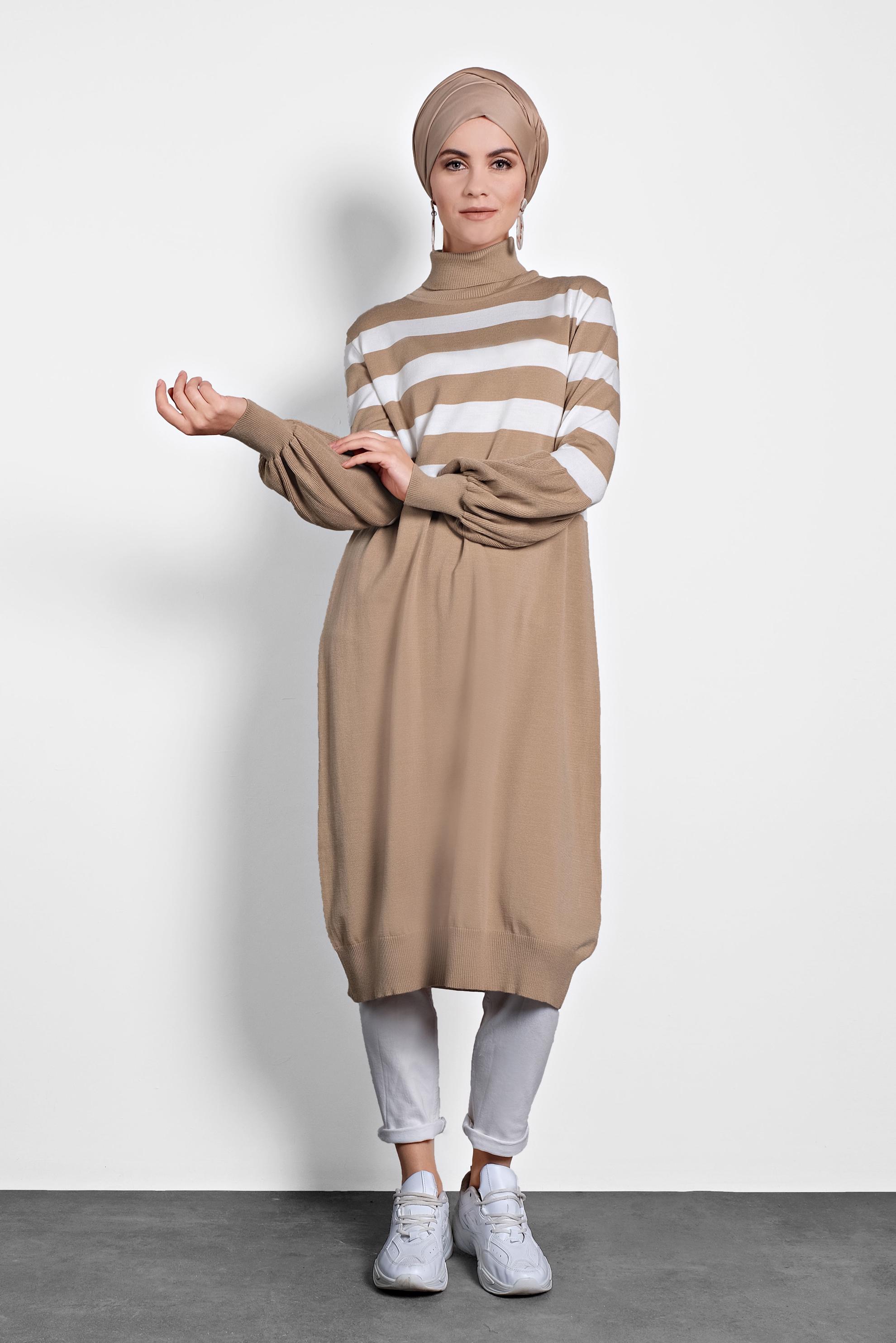 Tesettür giyim KAHVE BİSHOP-KOL ŞERİTLİ TRİKO TUNİK 40004 