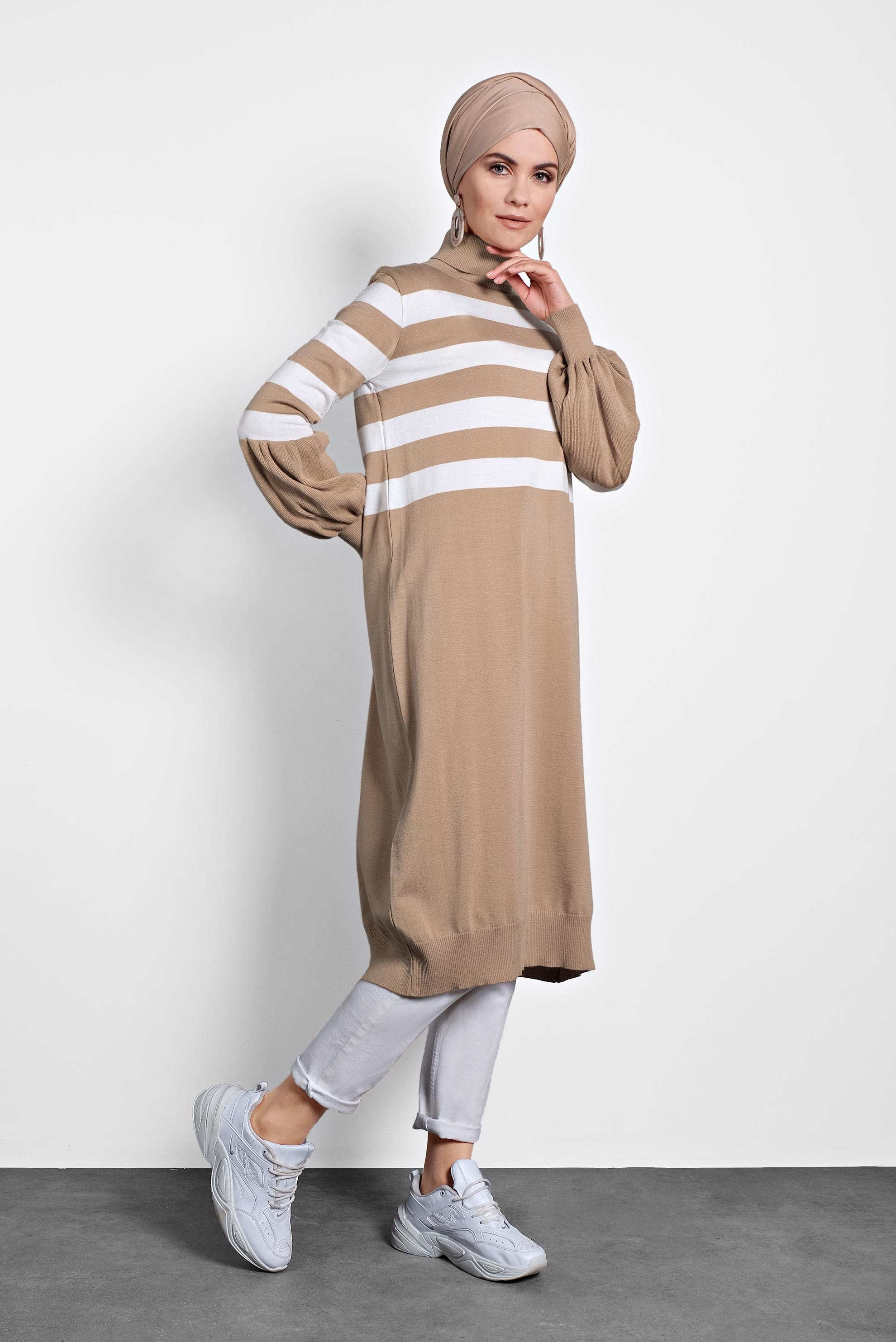 Tesettür giyim KAHVE BİSHOP-KOL ŞERİTLİ TRİKO TUNİK 40004 