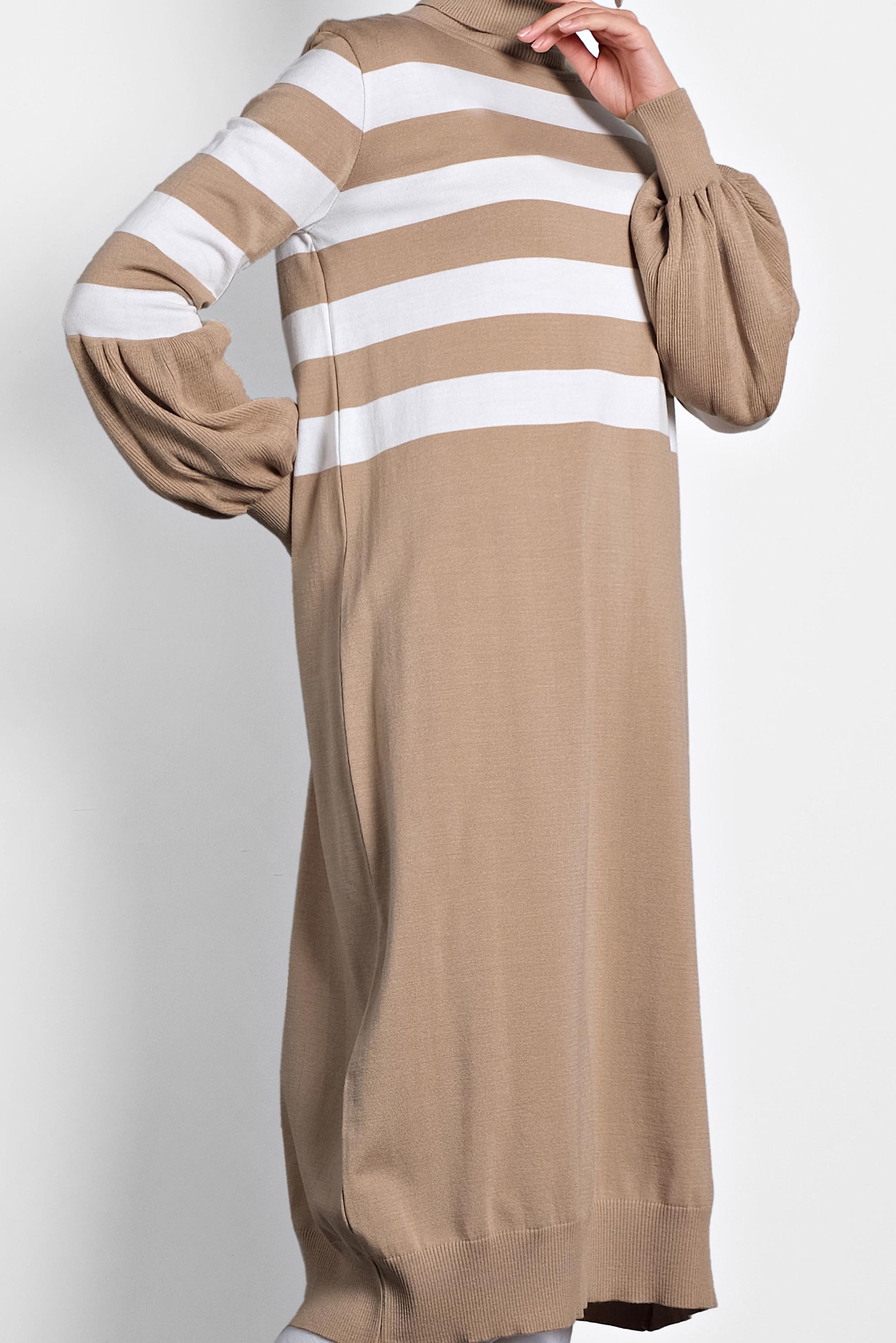 Tesettür giyim KAHVE BİSHOP-KOL ŞERİTLİ TRİKO TUNİK 40004 