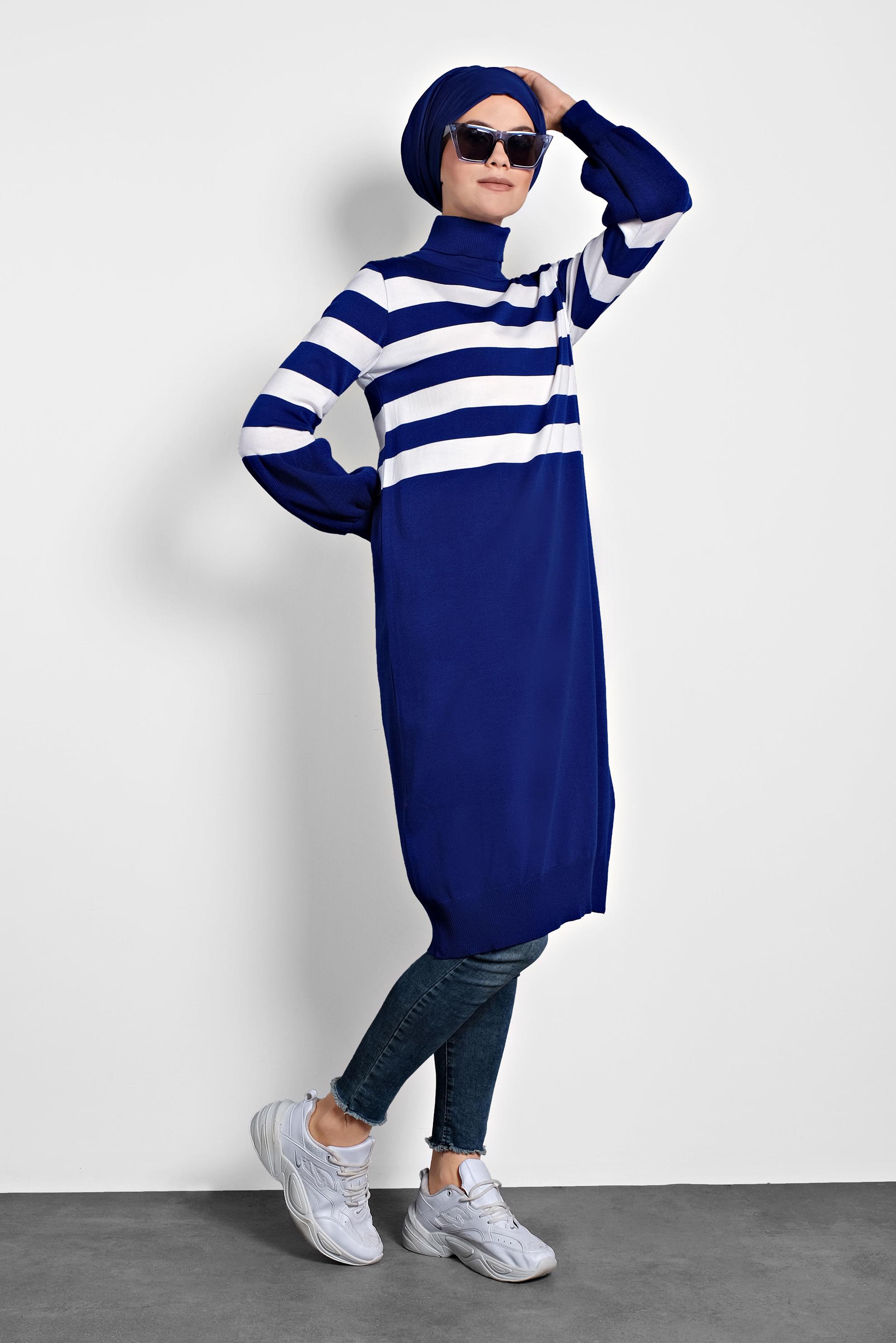 Tesettür giyim LACİVERT BİSHOP-KOL ŞERİTLİ TRİKO TUNİK 40004 