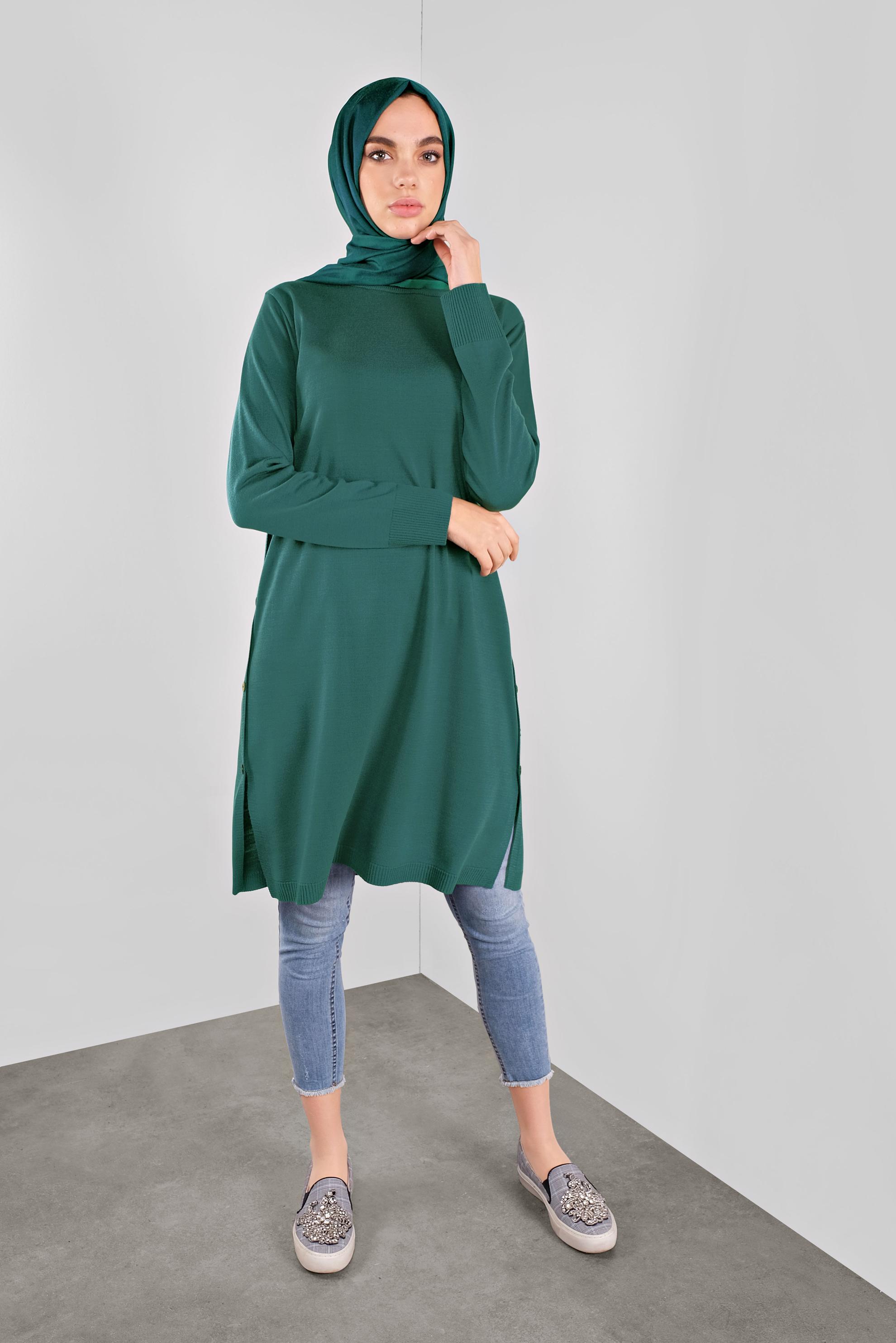 Tesettür giyim MAVİ YANLARI DÜĞMELİ TRİKO TUNİK 40005