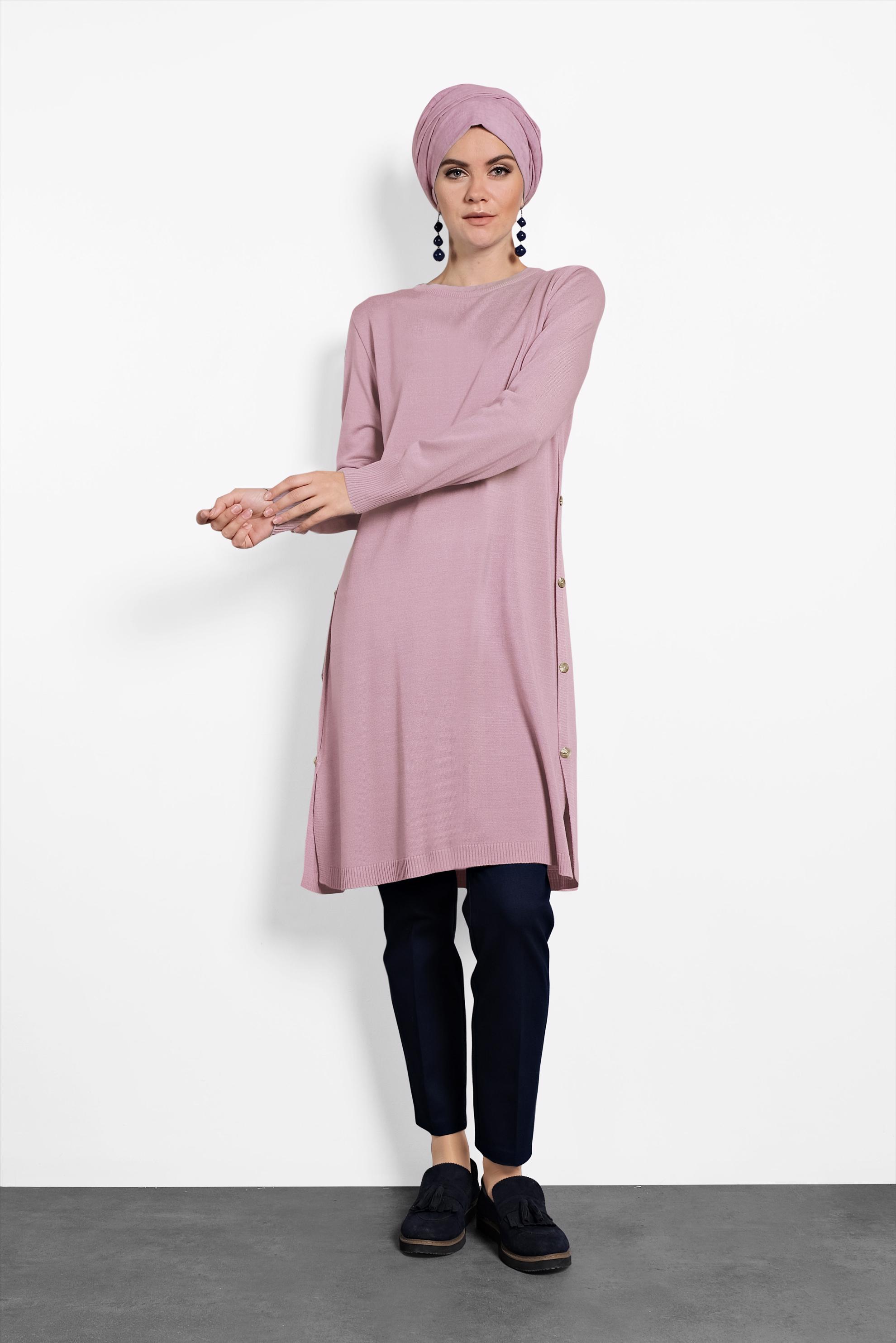Tesettür giyim PUDRA YANLARI DÜĞMELİ TRİKO TUNİK 40005