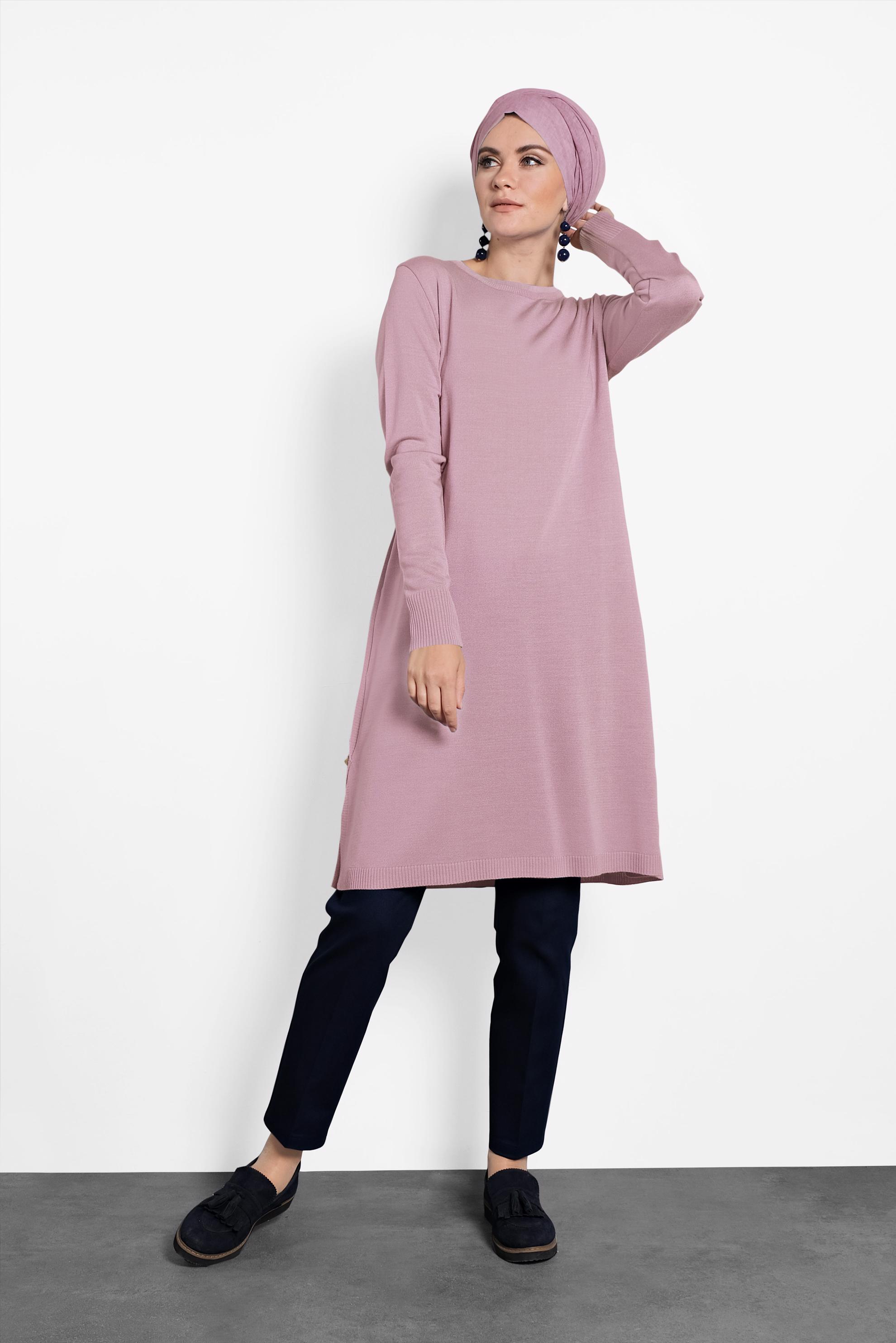 Tesettür giyim PUDRA YANLARI DÜĞMELİ TRİKO TUNİK 40005