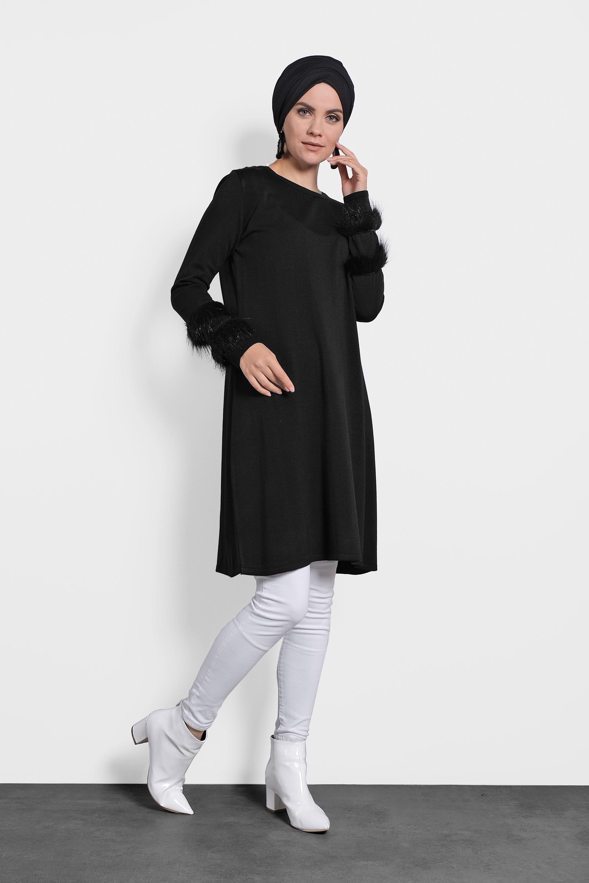 Tesettür giyim SİYAH KÜRK DETAYLI PUL PAYET TRİKO TUNİK 40006