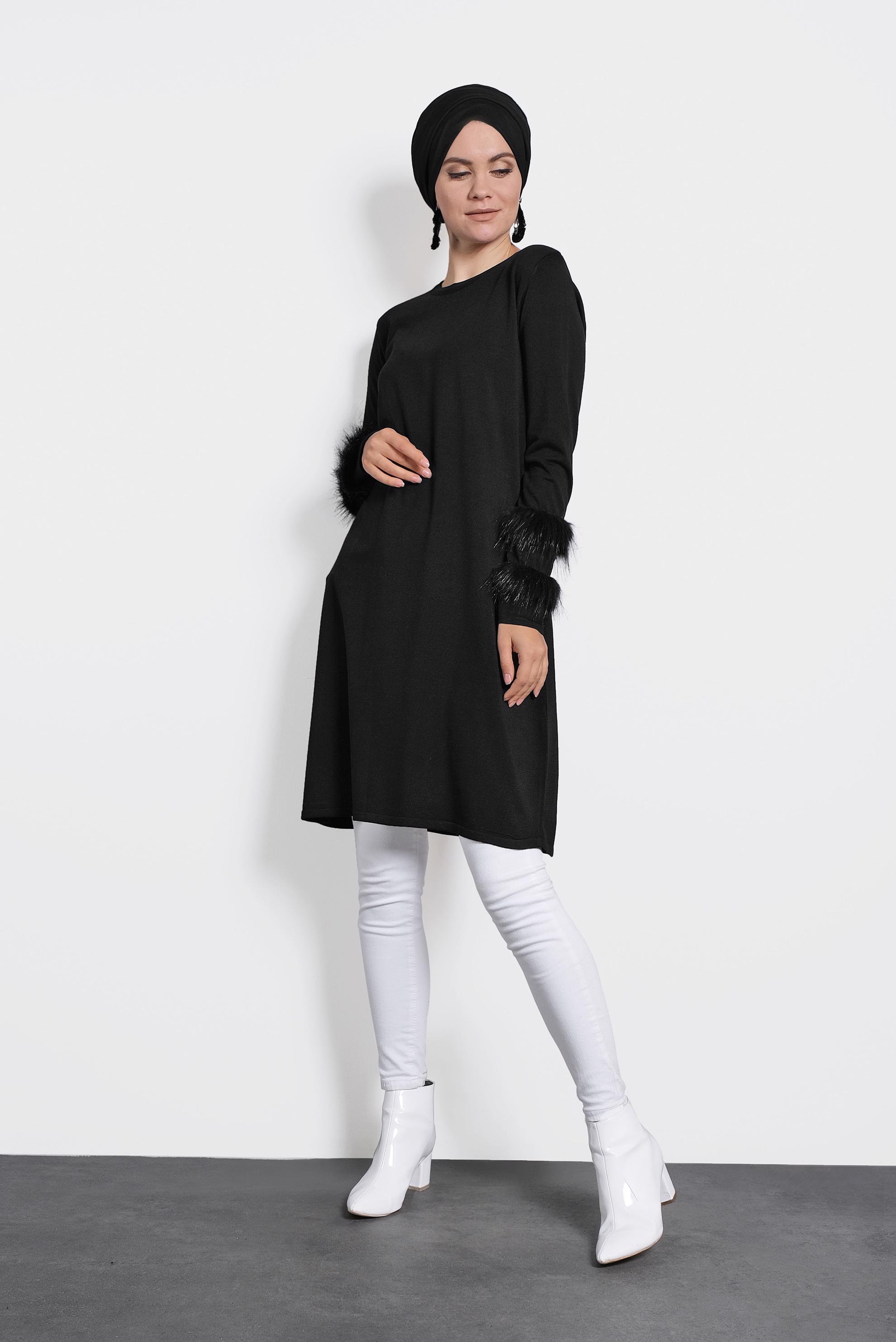 Tesettür giyim SİYAH KÜRK DETAYLI PUL PAYET TRİKO TUNİK 40006