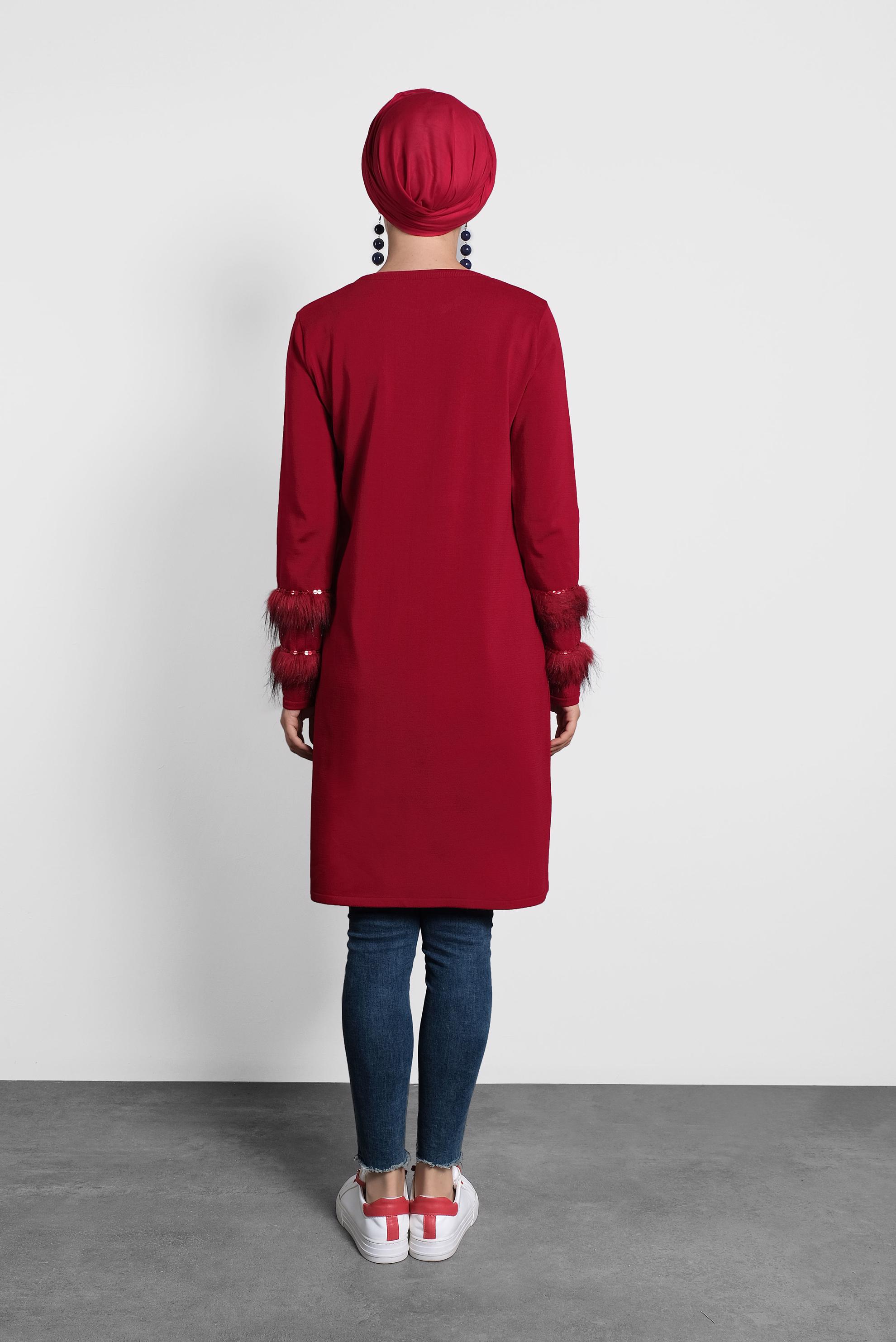 Tesettür giyim KIRMIZI KÜRK DETAYLI PUL PAYET TRİKO TUNİK 40006