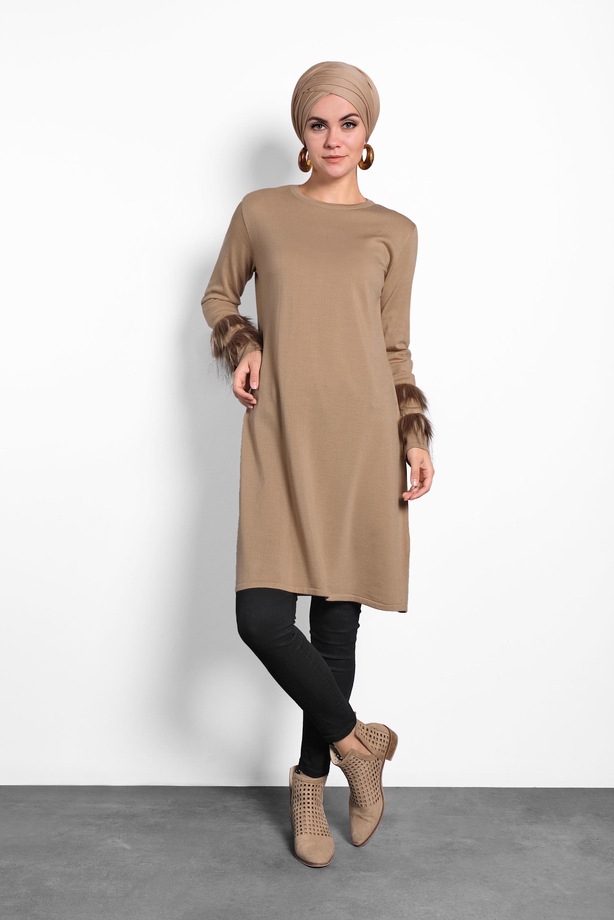 Tesettür giyim KAHVE KÜRK DETAYLI PUL PAYET TRİKO TUNİK 40006