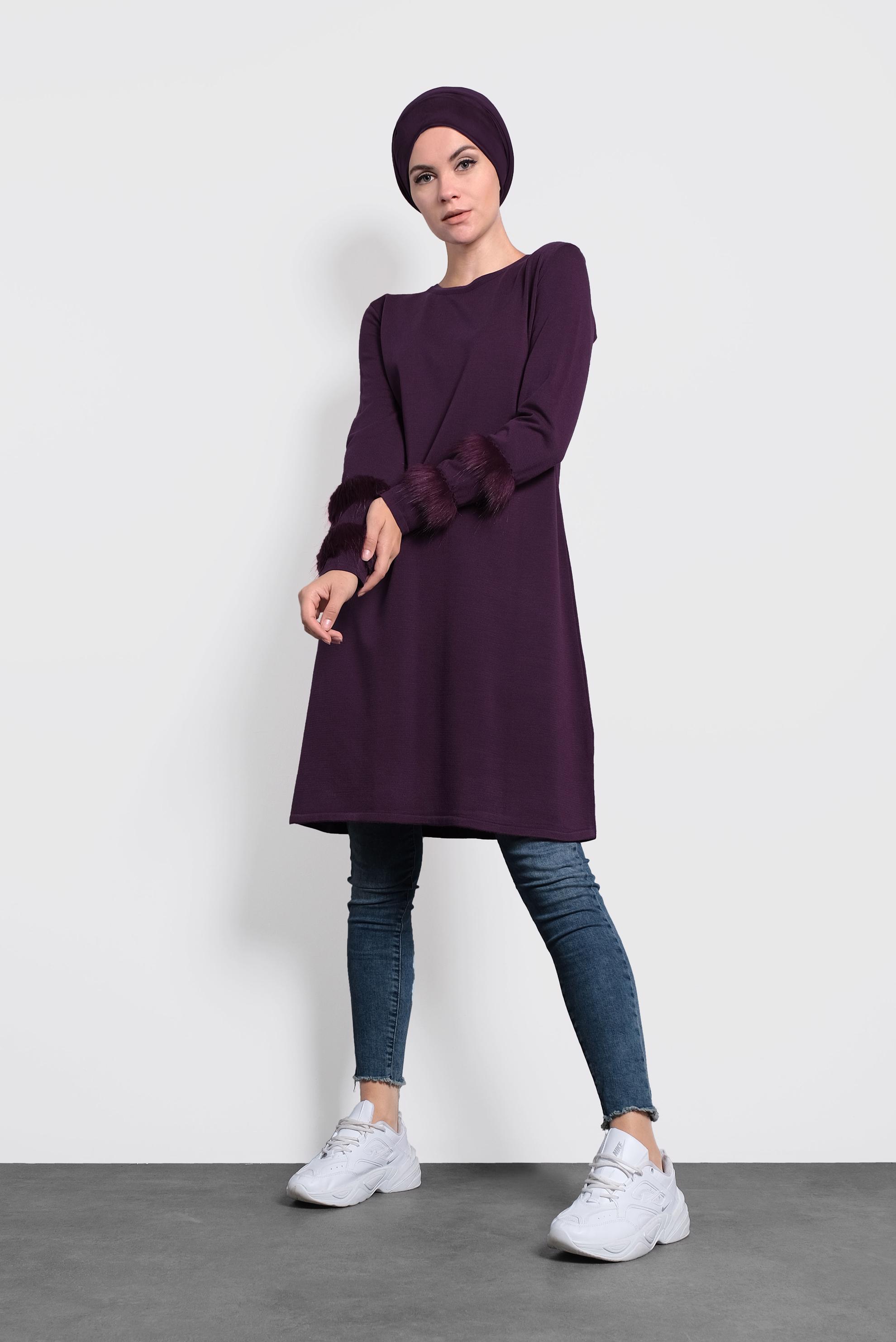 Tesettür giyim MÜRDÜM KÜRK DETAYLI PUL PAYET TRİKO TUNİK 40006