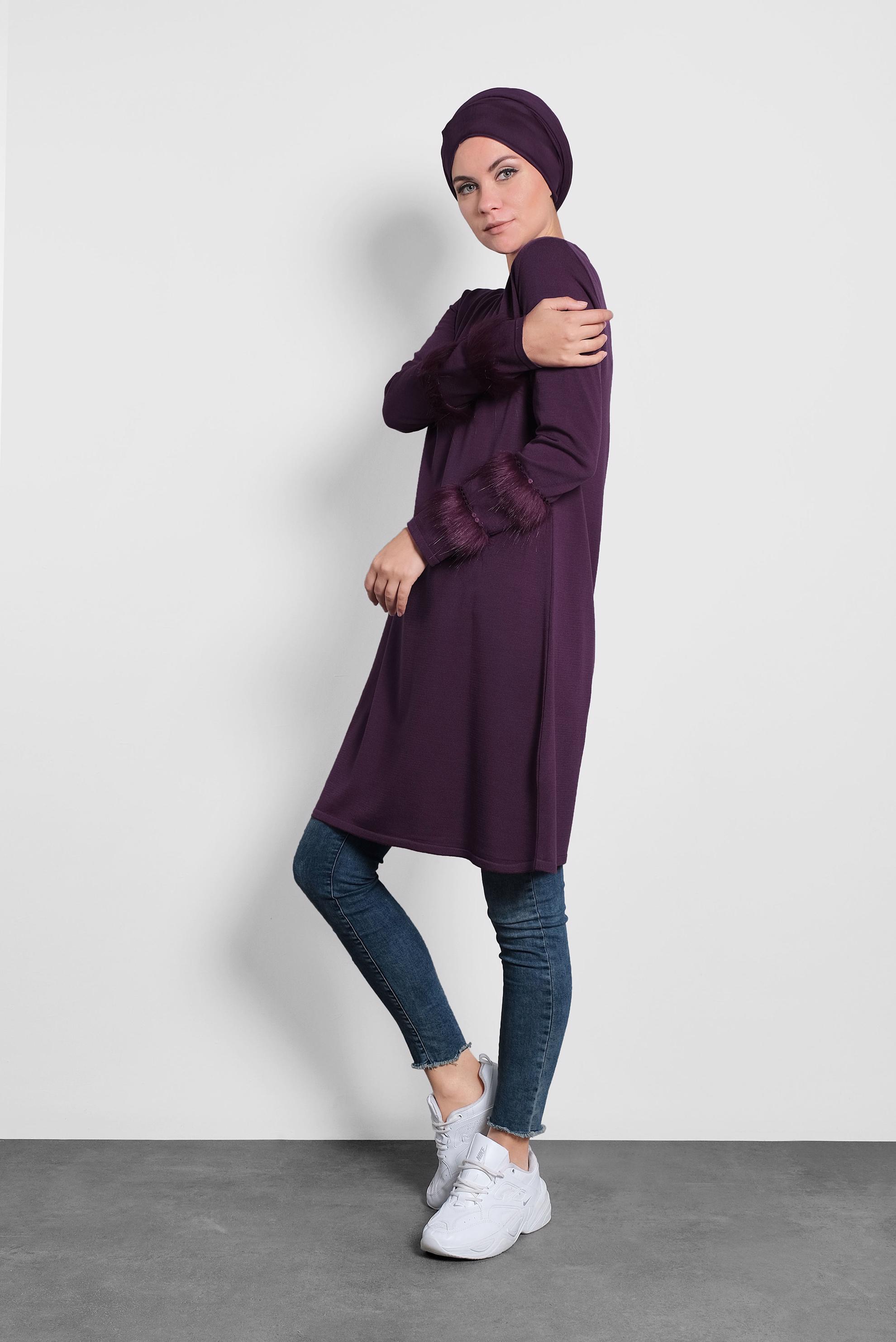 Tesettür giyim MÜRDÜM KÜRK DETAYLI PUL PAYET TRİKO TUNİK 40006