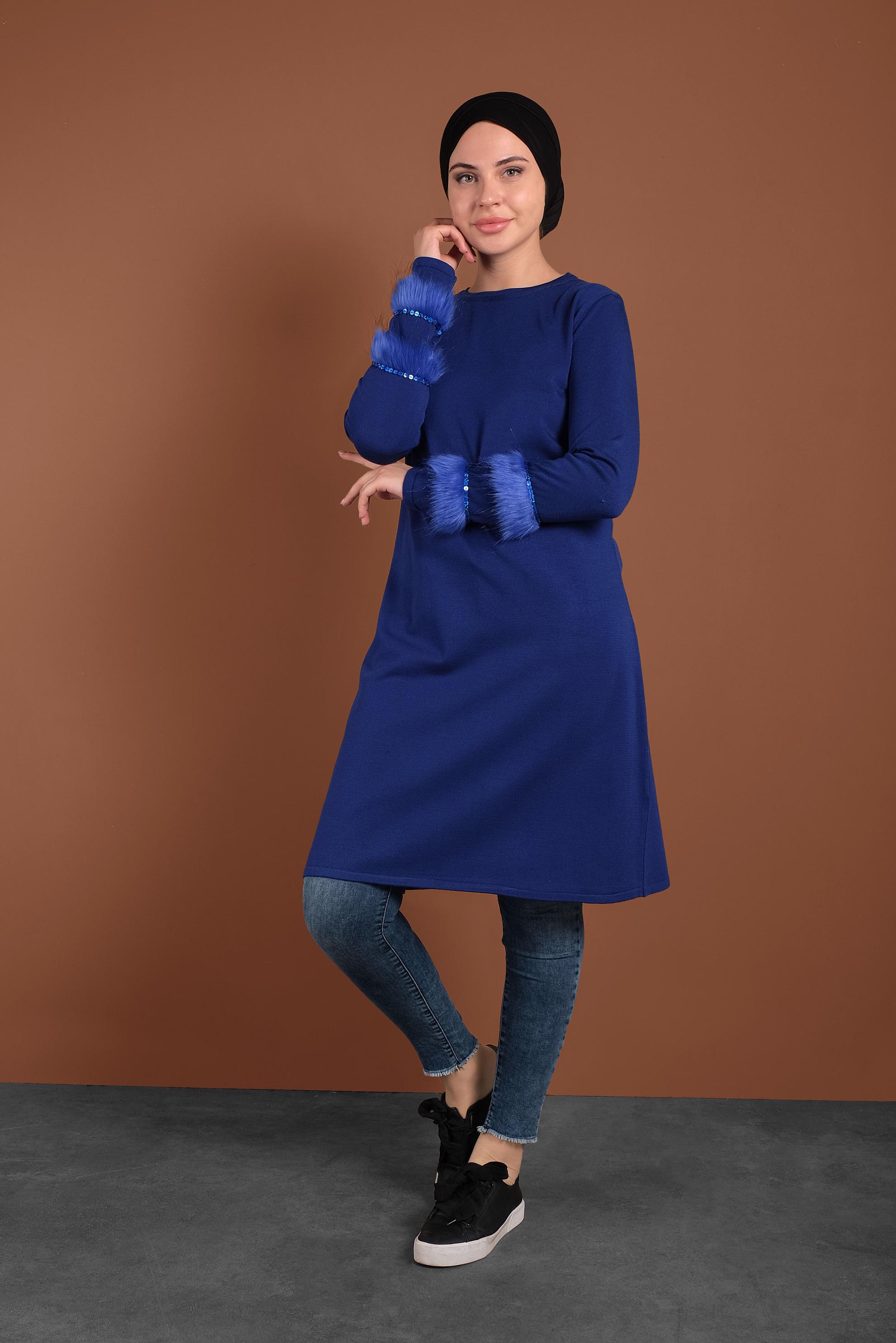 Tesettür giyim LACİVERT KÜRK DETAYLI PUL PAYET TRİKO TUNİK 40006