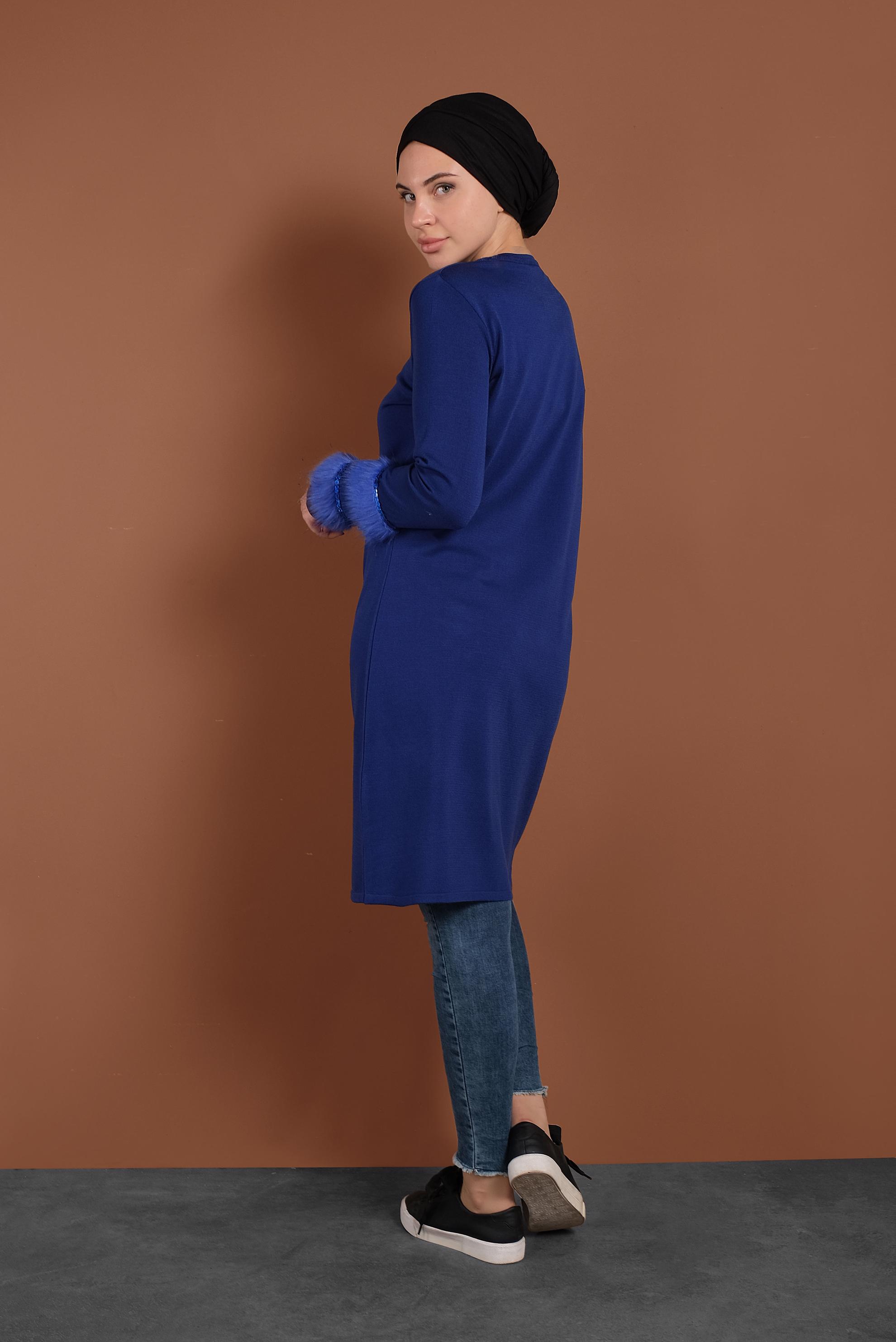 Tesettür giyim LACİVERT KÜRK DETAYLI PUL PAYET TRİKO TUNİK 40006