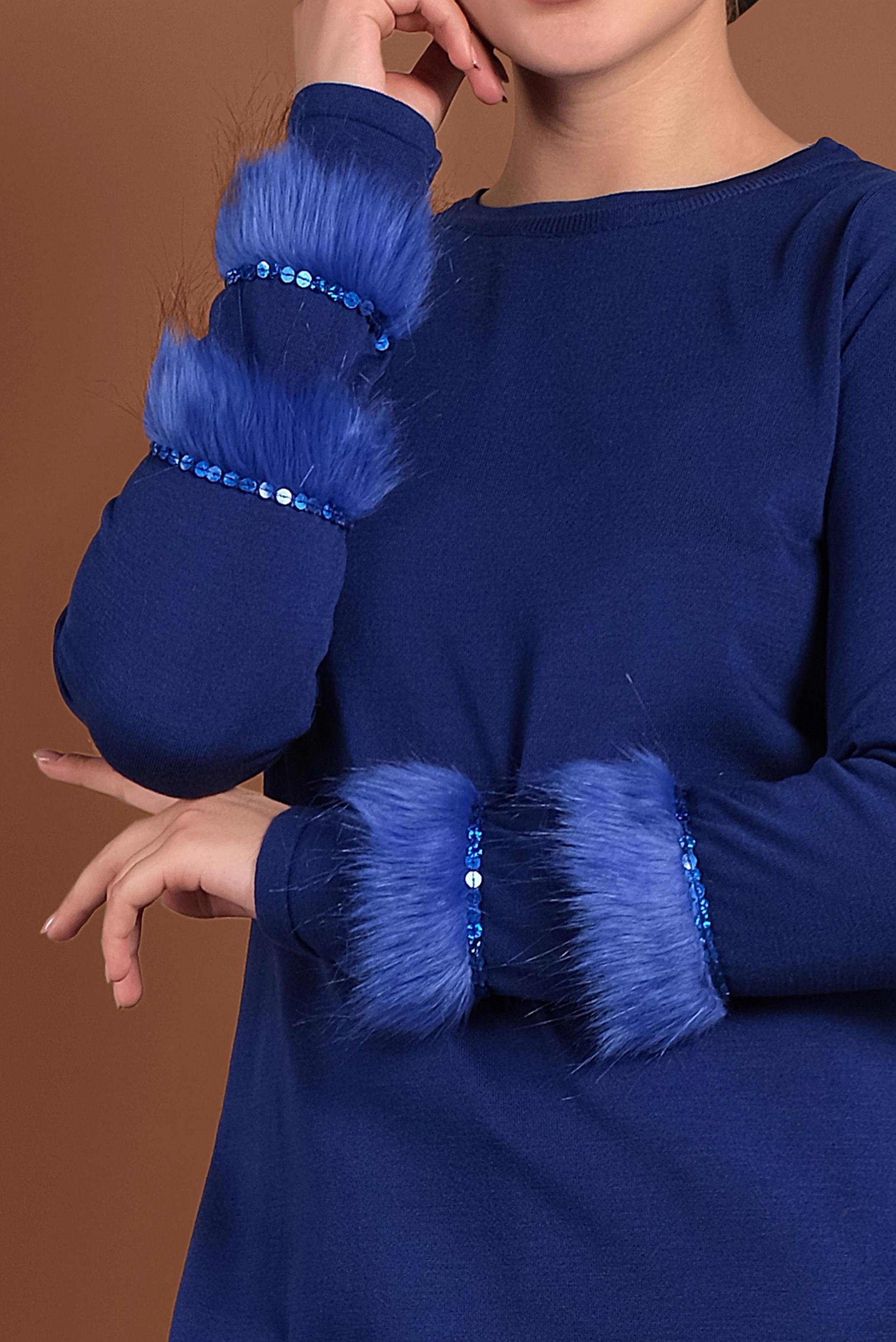 Tesettür giyim LACİVERT KÜRK DETAYLI PUL PAYET TRİKO TUNİK 40006