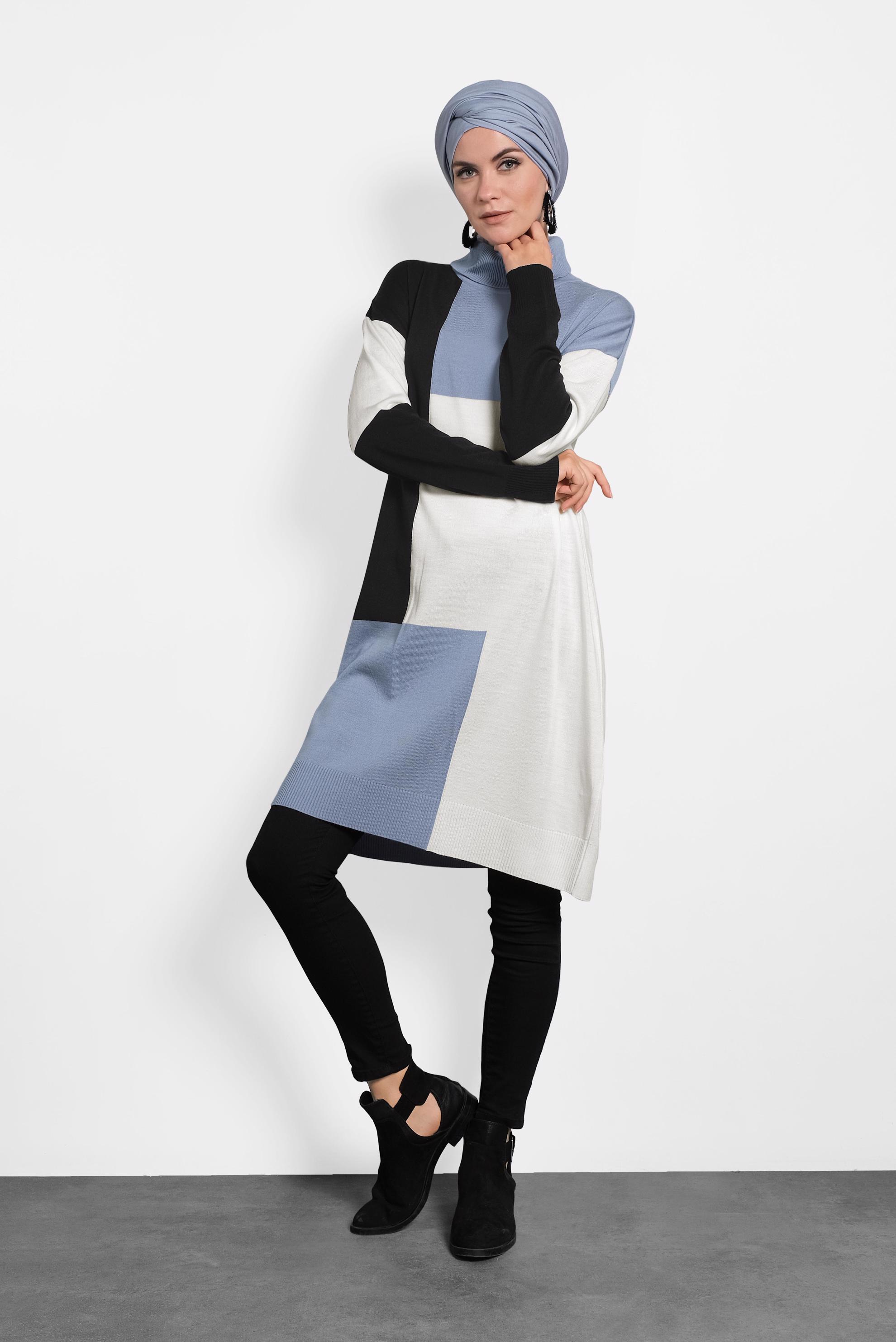 Tesettür giyim MAVİ BALIKÇI YAKA TRİKO TUNİK 40008 