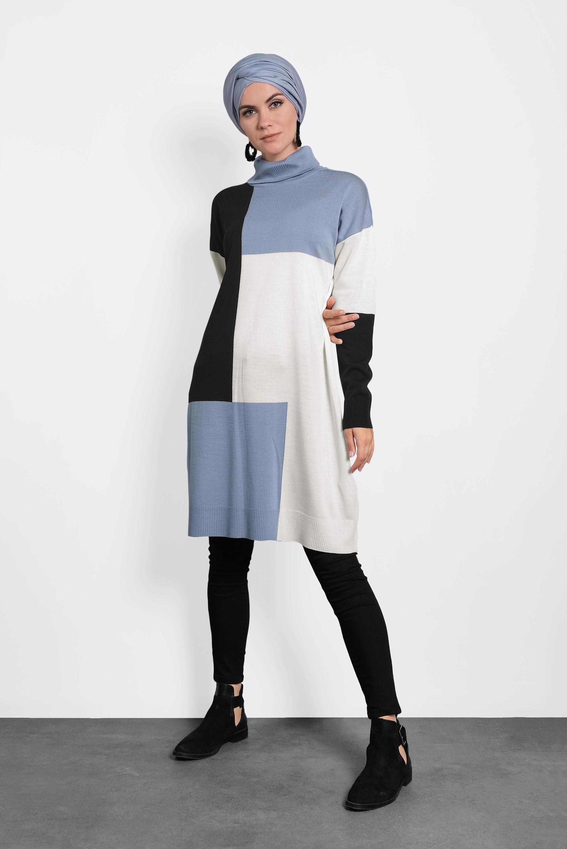 Tesettür giyim MAVİ BALIKÇI YAKA TRİKO TUNİK 40008 