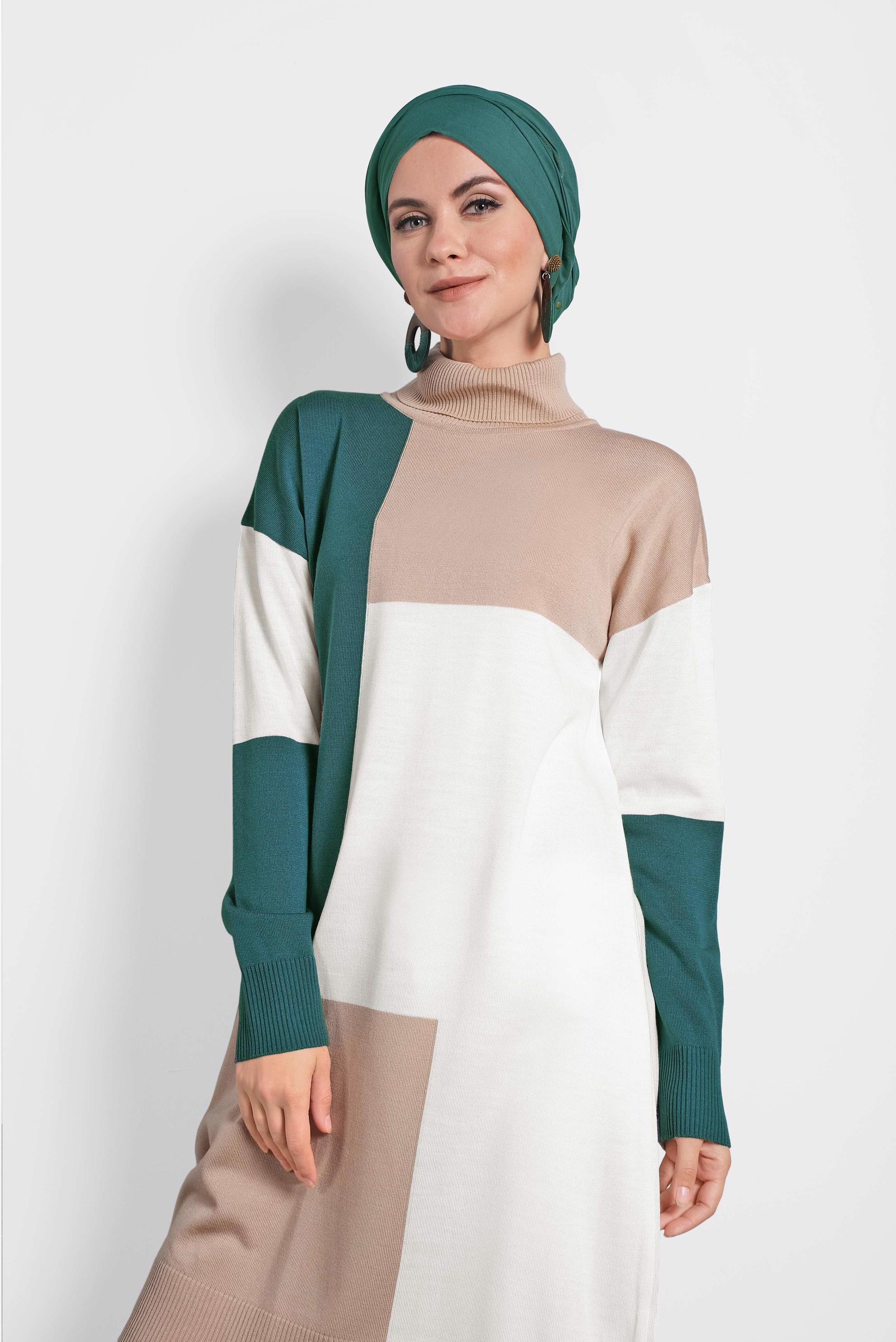 Tesettür giyim BEJ BALIKÇI YAKA TRİKO TUNİK 40008 