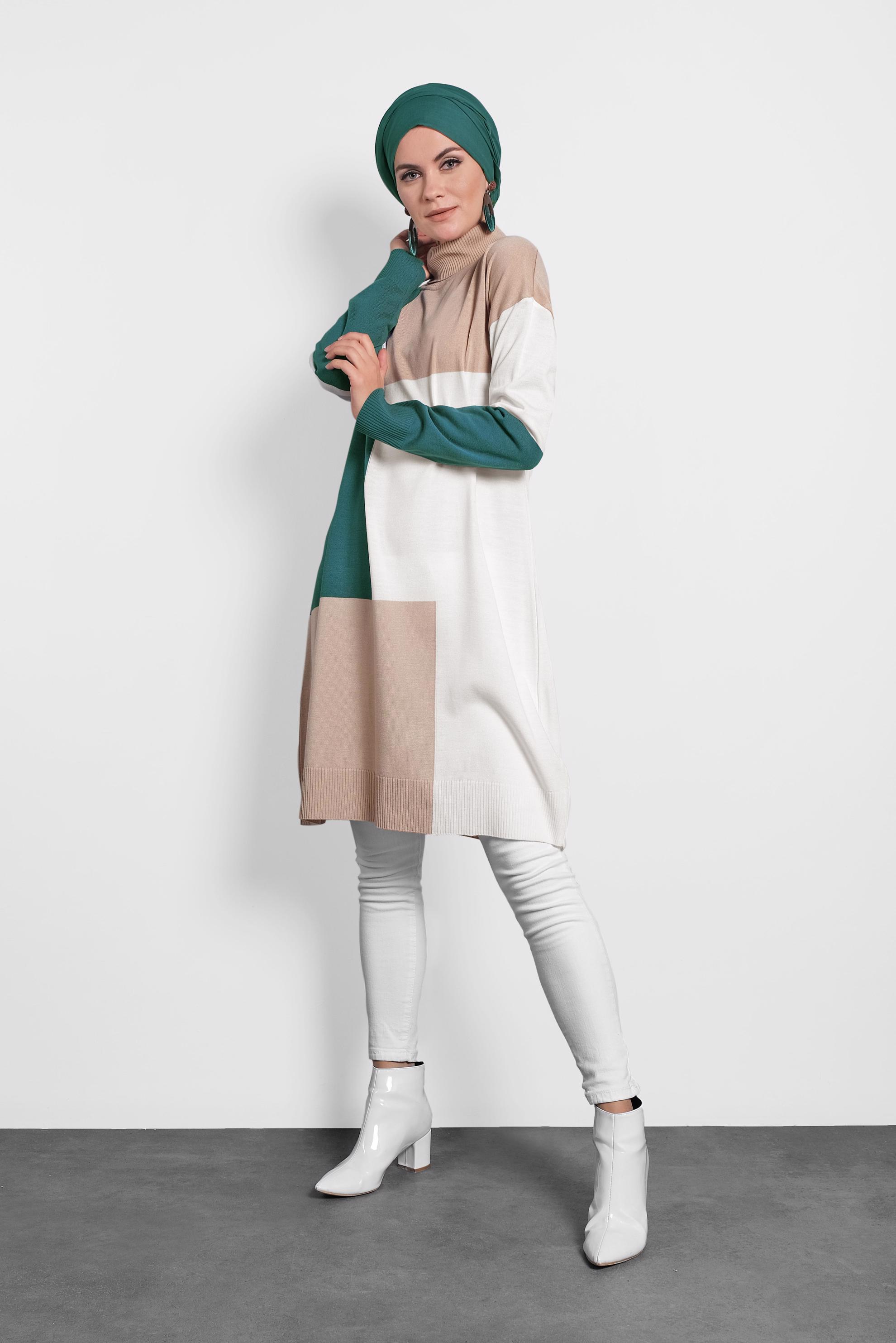 Tesettür giyim BEJ BALIKÇI YAKA TRİKO TUNİK 40008 