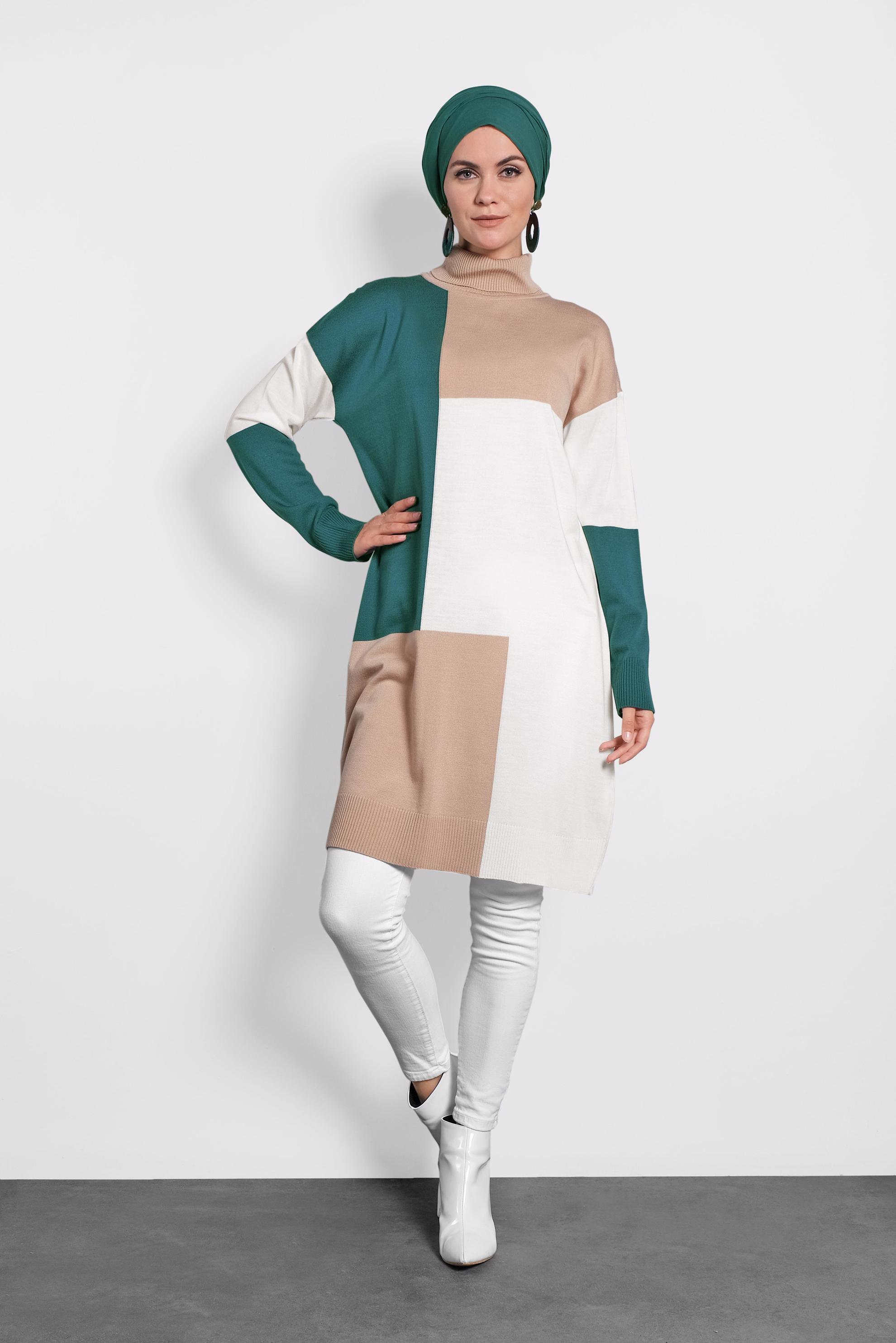 Tesettür giyim BEJ BALIKÇI YAKA TRİKO TUNİK 40008 