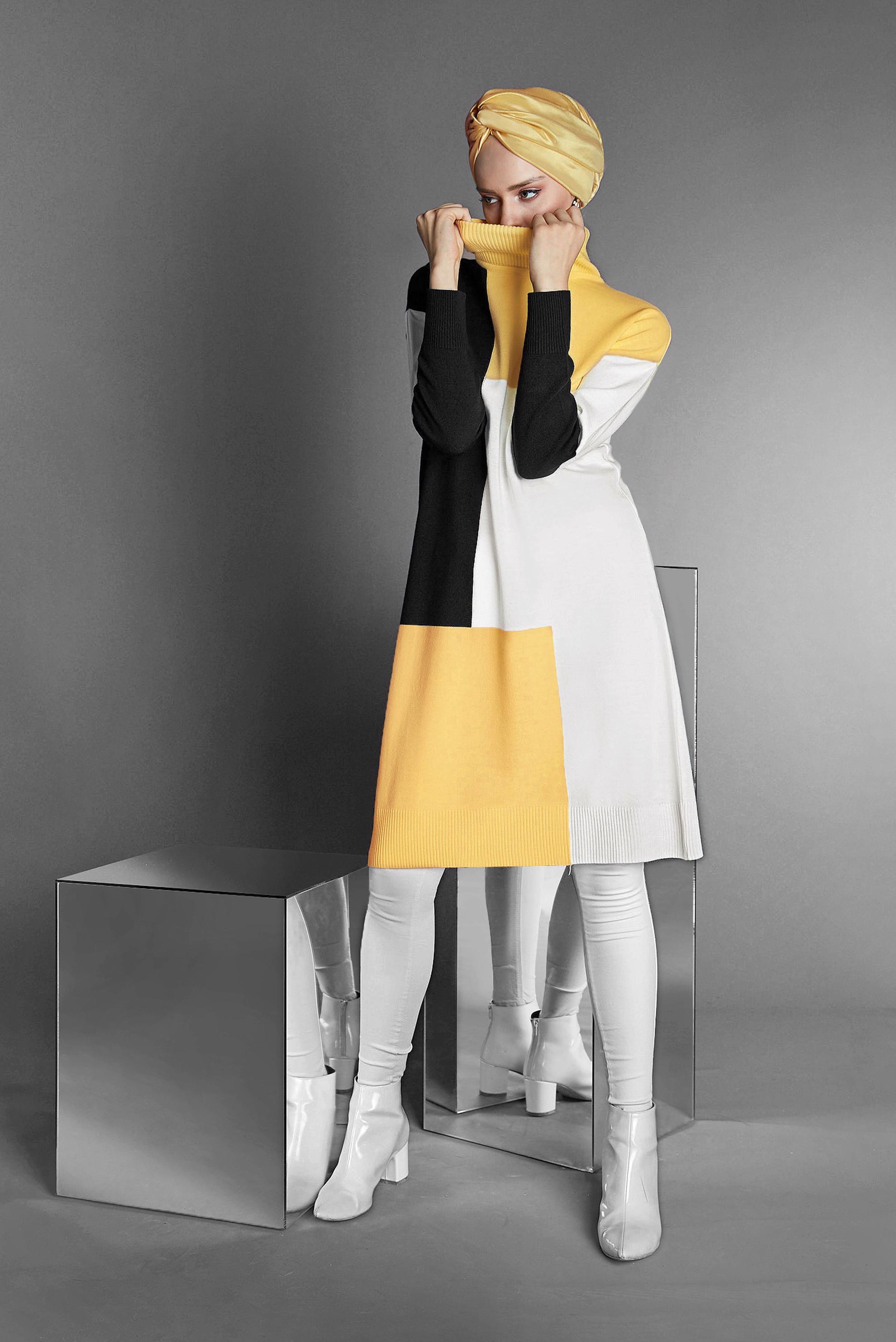 Tesettür giyim SARI BALIKÇI YAKA TRİKO TUNİK 40008 