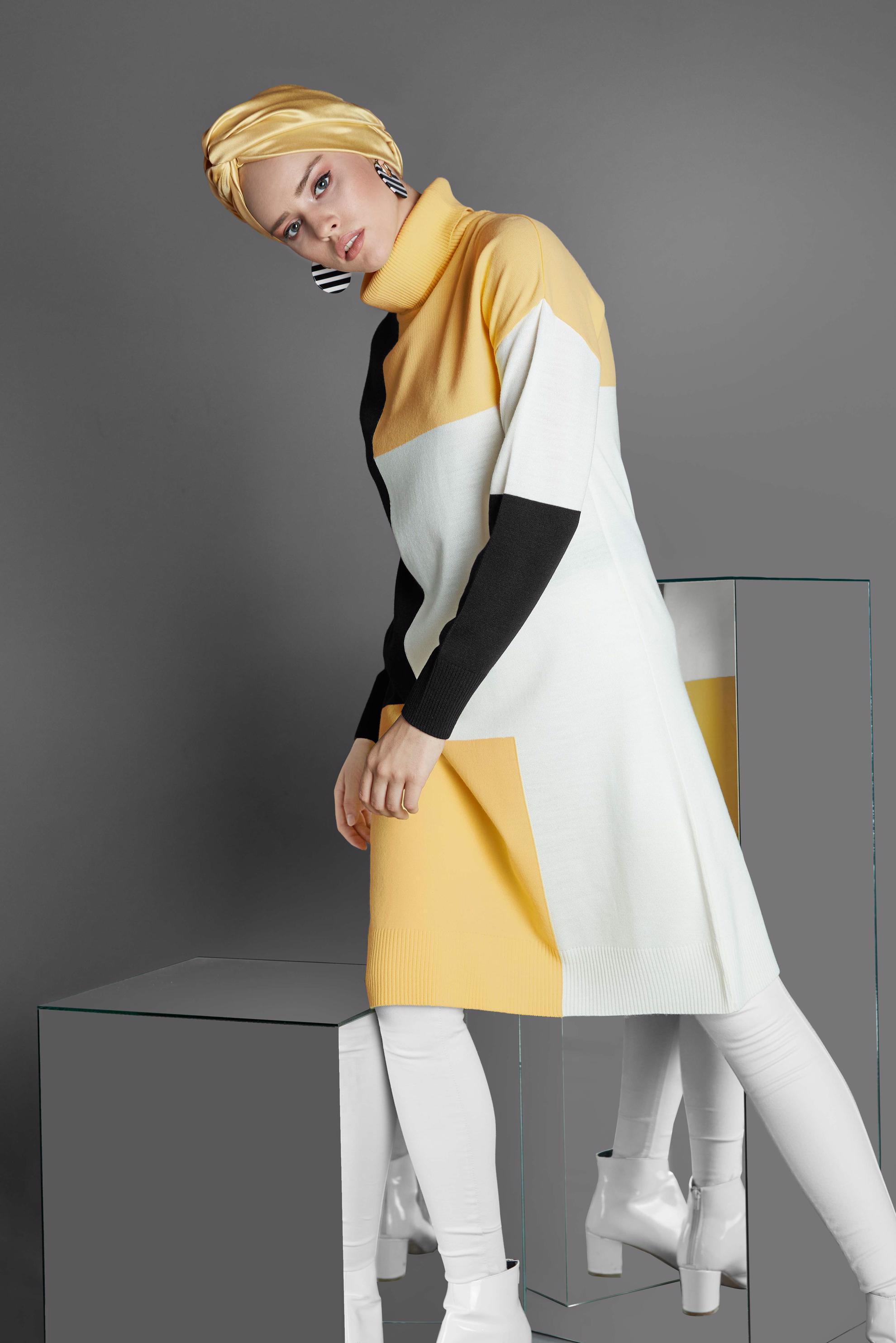 Tesettür giyim SARI BALIKÇI YAKA TRİKO TUNİK 40008 