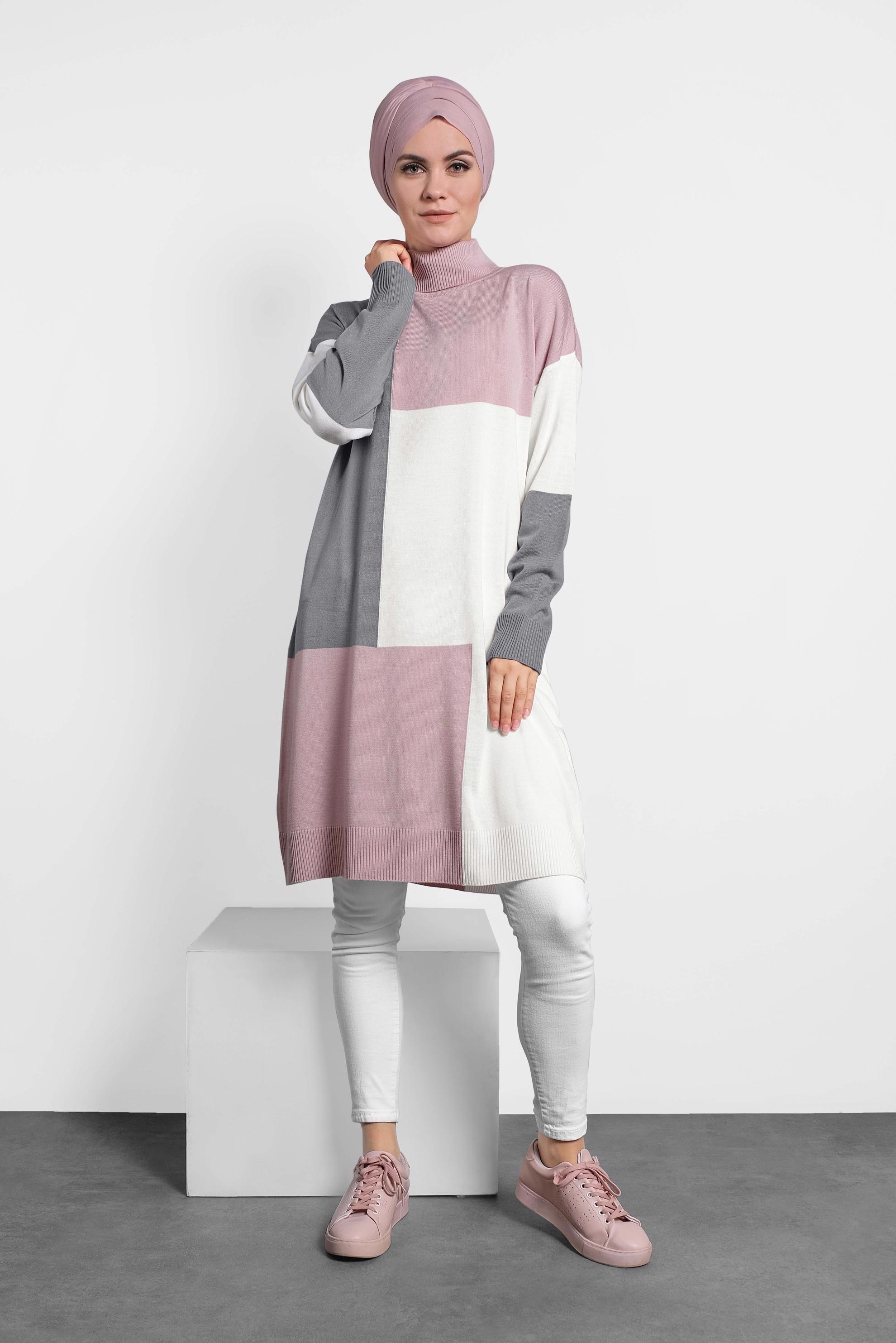 Tesettür giyim PUDRA BALIKÇI YAKA TRİKO TUNİK 40008 