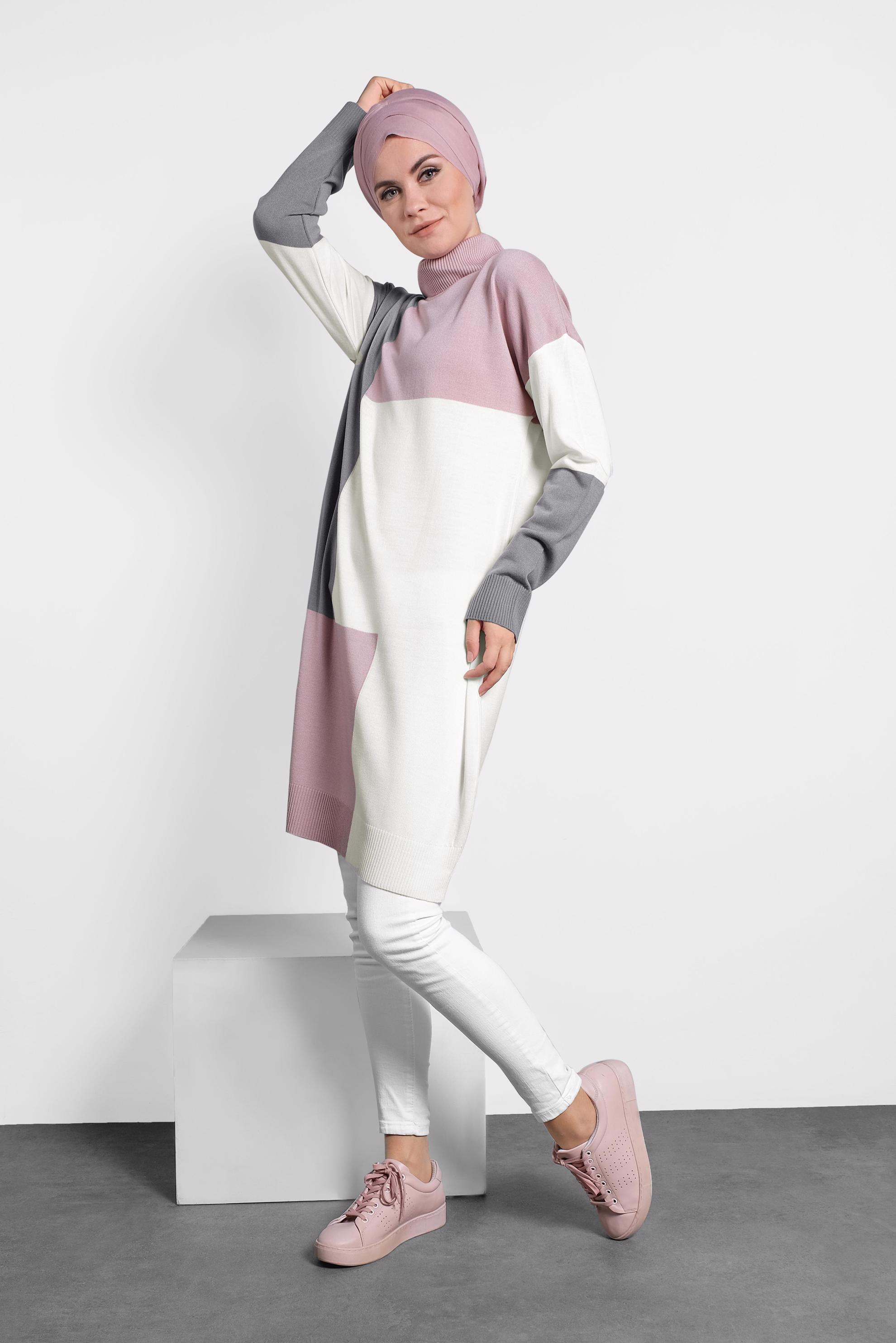 Tesettür giyim PUDRA BALIKÇI YAKA TRİKO TUNİK 40008 