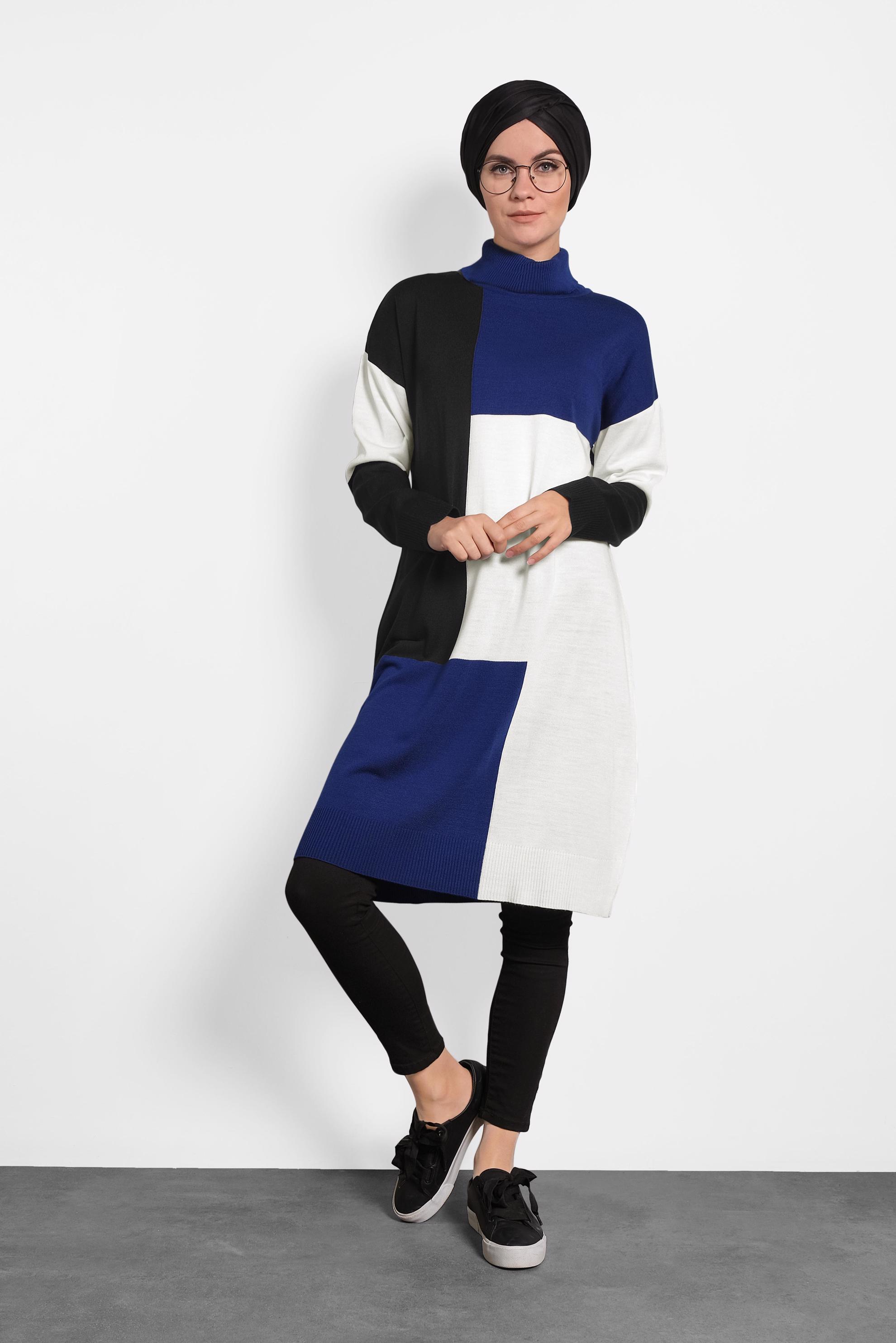 Tesettür giyim LACİVERT BALIKÇI YAKA TRİKO TUNİK 40008 