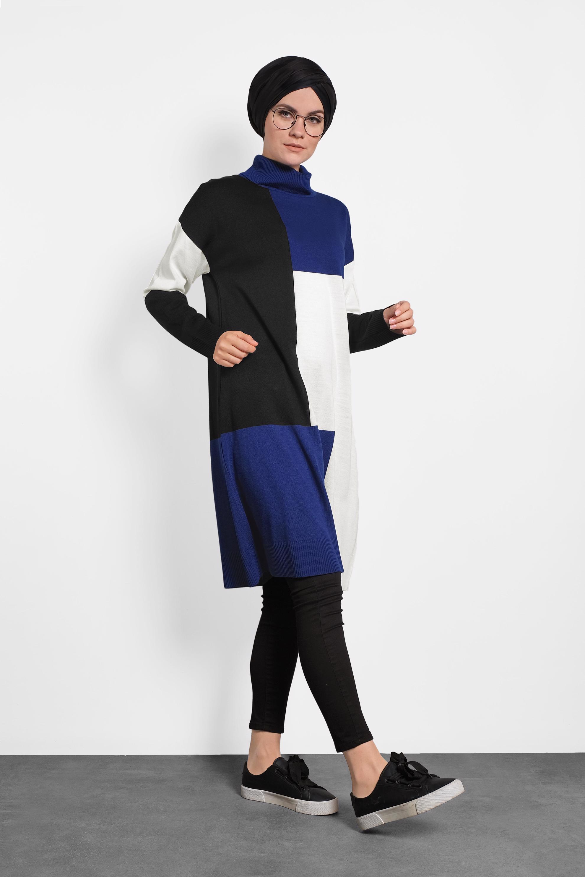 Tesettür giyim LACİVERT BALIKÇI YAKA TRİKO TUNİK 40008 