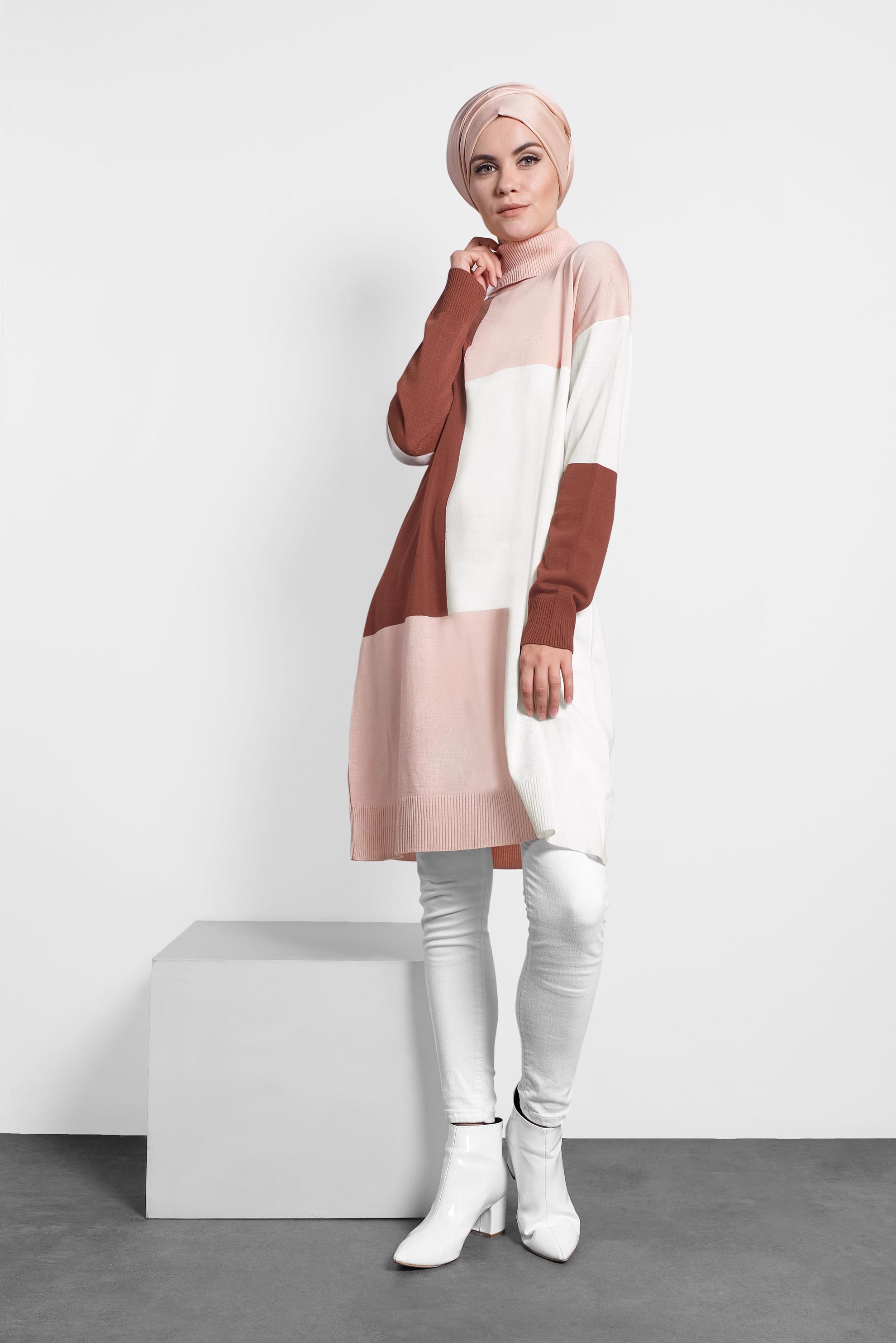 Tesettür giyim PUDRA BALIKÇI YAKA TRİKO TUNİK 40008 
