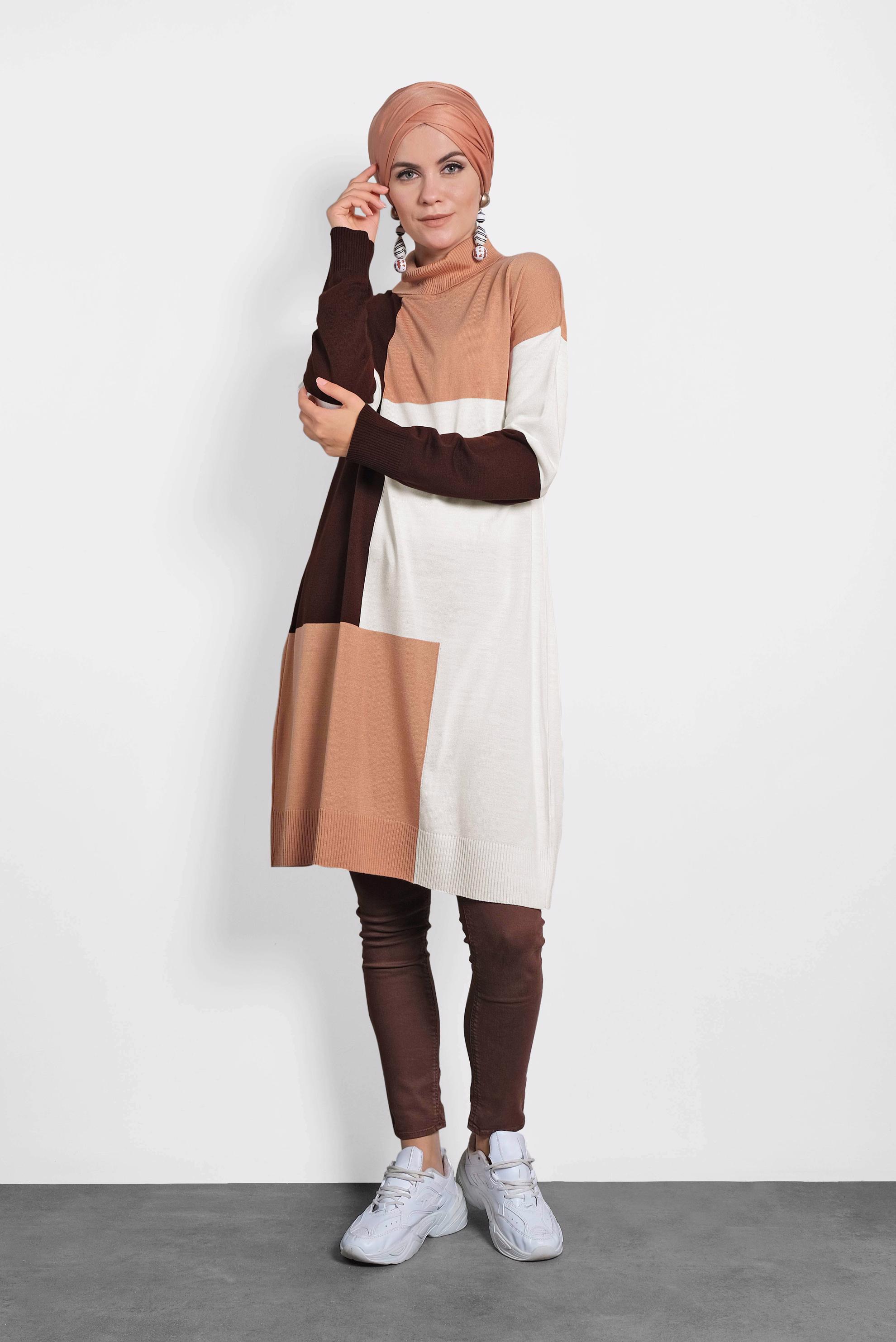 Tesettür giyim PEMBE BALIKÇI YAKA TRİKO TUNİK 40008 