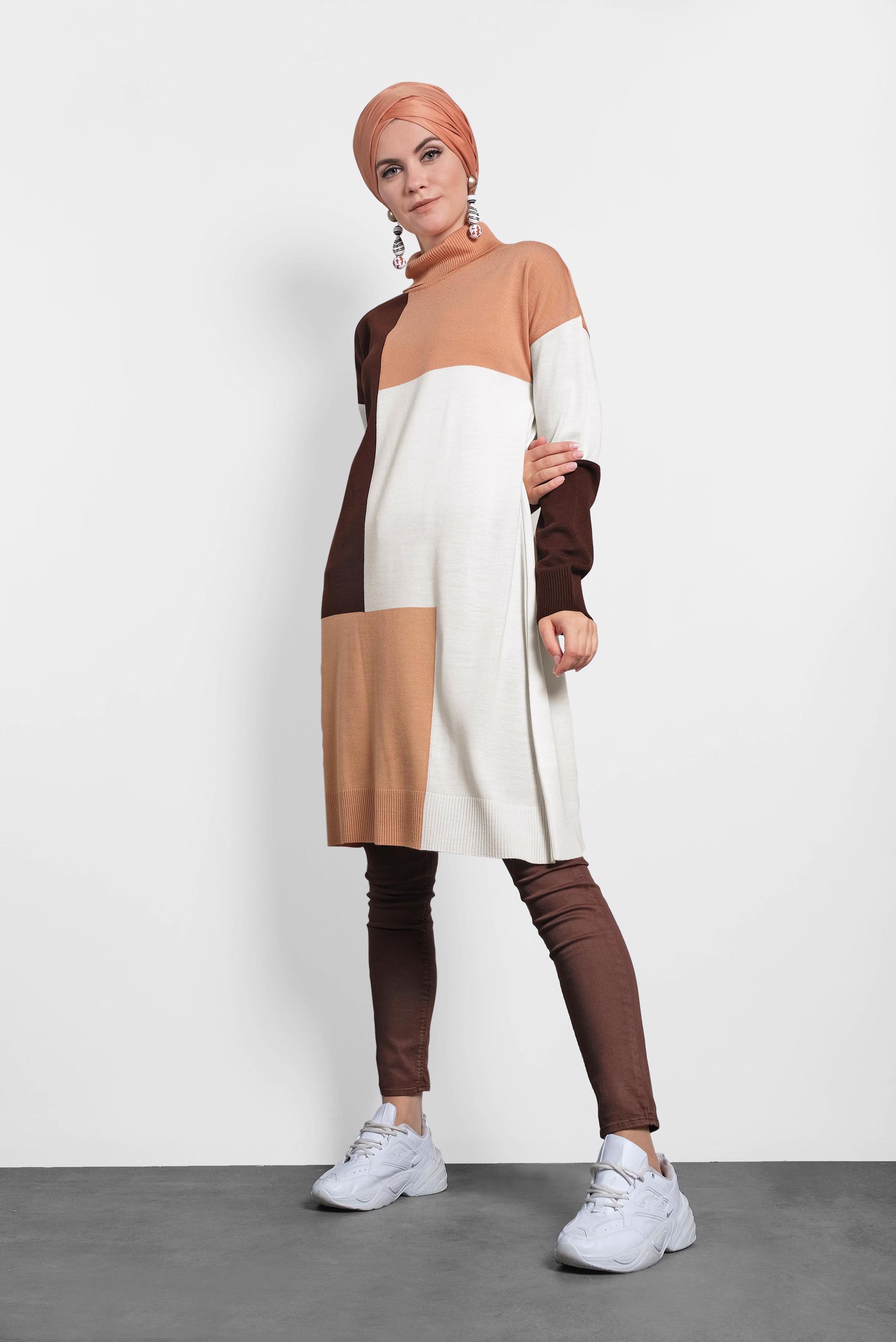 Tesettür giyim PEMBE BALIKÇI YAKA TRİKO TUNİK 40008 