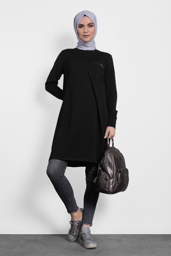 Tesettür giyim SİYAH FİLE DETAYLI TRİKO TUNİK 40009