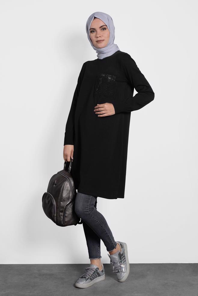 Tesettür giyim SİYAH FİLE DETAYLI TRİKO TUNİK 40009