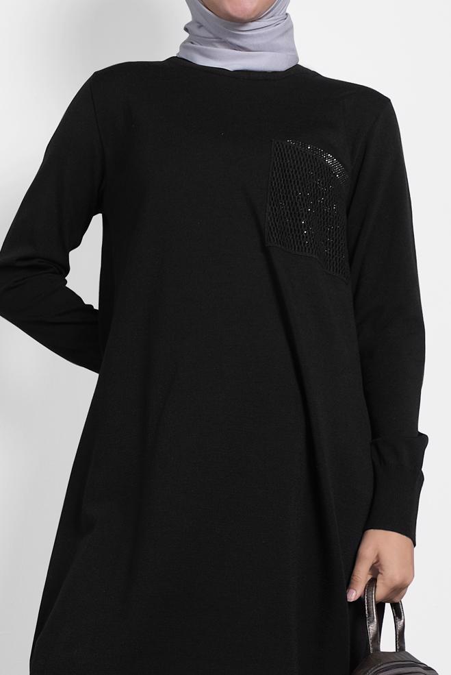 Tesettür giyim SİYAH FİLE DETAYLI TRİKO TUNİK 40009