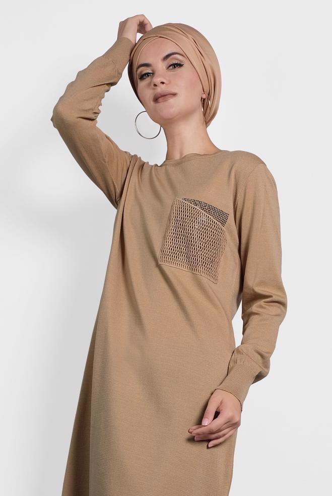 Tesettür giyim KAHVE FİLE DETAYLI TRİKO TUNİK 40009