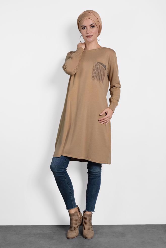 Tesettür giyim KAHVE FİLE DETAYLI TRİKO TUNİK 40009