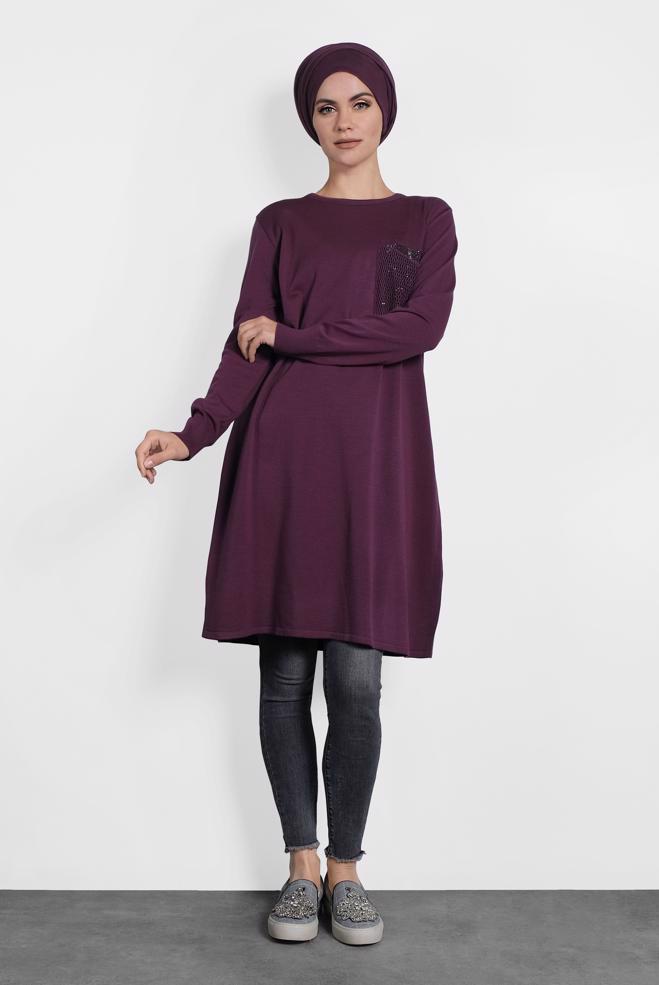 Tesettür giyim MÜRDÜM FİLE DETAYLI TRİKO TUNİK 40009