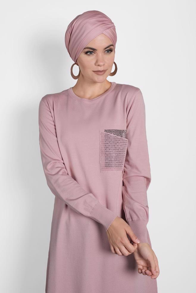 Tesettür giyim PUDRA FİLE DETAYLI TRİKO TUNİK 40009