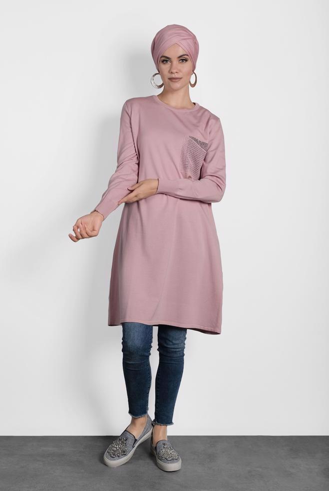 Tesettür giyim PUDRA FİLE DETAYLI TRİKO TUNİK 40009