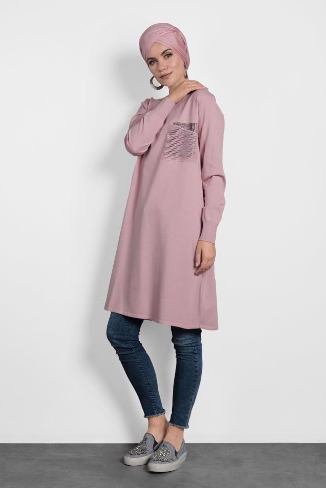 Tesettür giyim PUDRA FİLE DETAYLI TRİKO TUNİK 40009