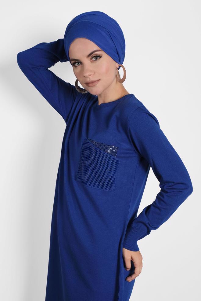 Tesettür giyim LACİVERT FİLE DETAYLI TRİKO TUNİK 40009