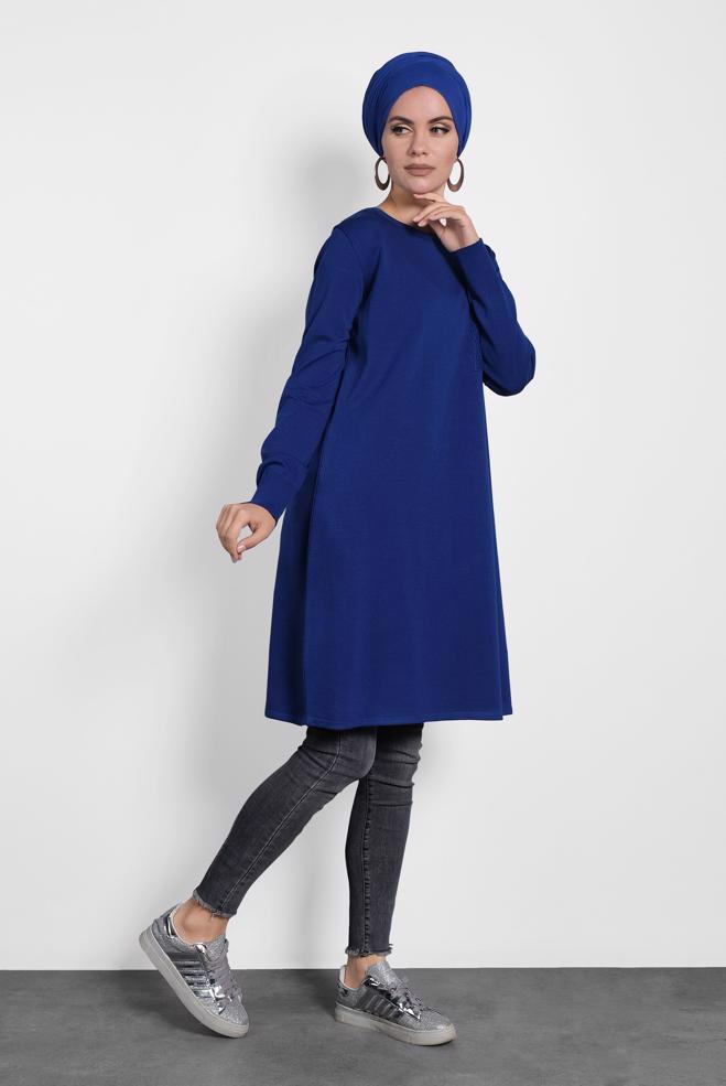 Tesettür giyim LACİVERT FİLE DETAYLI TRİKO TUNİK 40009