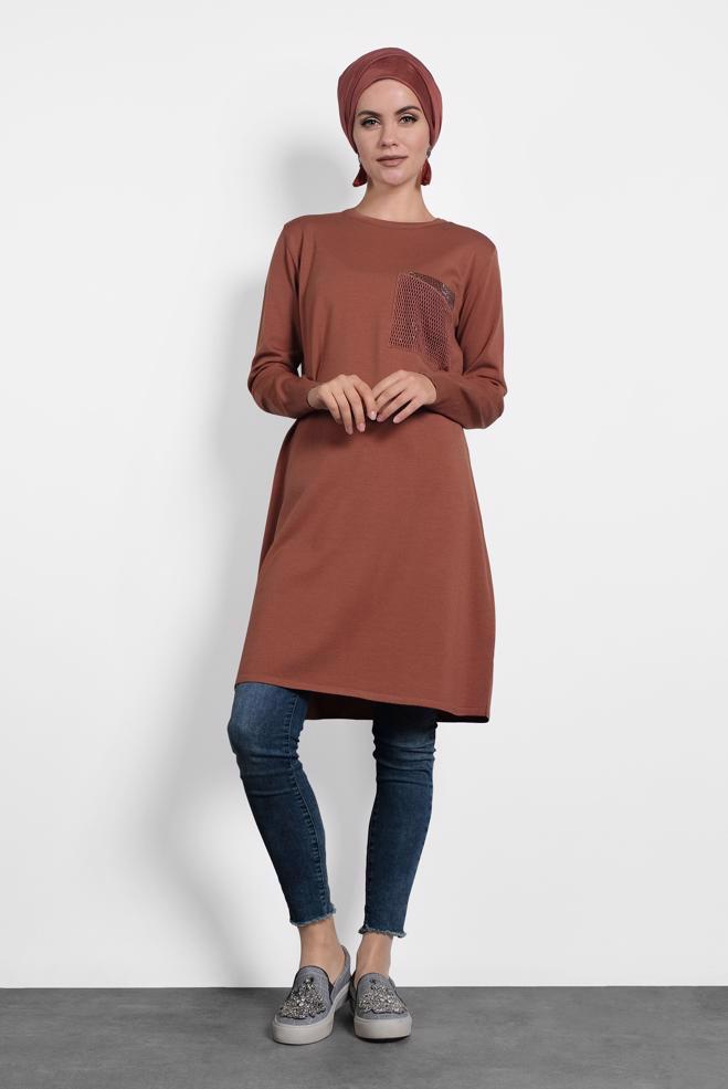 Tesettür giyim KAHVE FİLE DETAYLI TRİKO TUNİK 40009