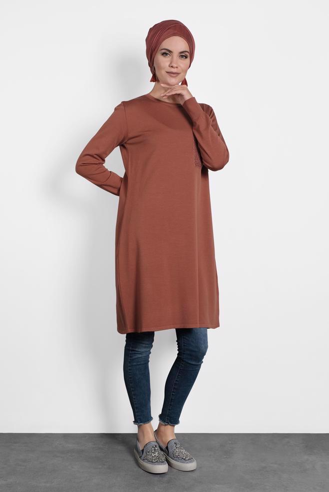 Tesettür giyim KAHVE FİLE DETAYLI TRİKO TUNİK 40009