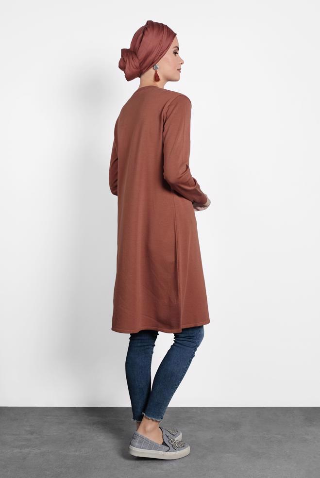 Tesettür giyim KAHVE FİLE DETAYLI TRİKO TUNİK 40009