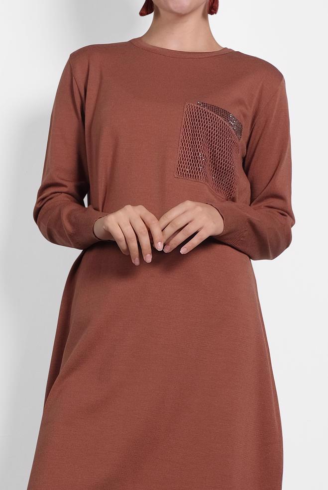 Tesettür giyim KAHVE FİLE DETAYLI TRİKO TUNİK 40009