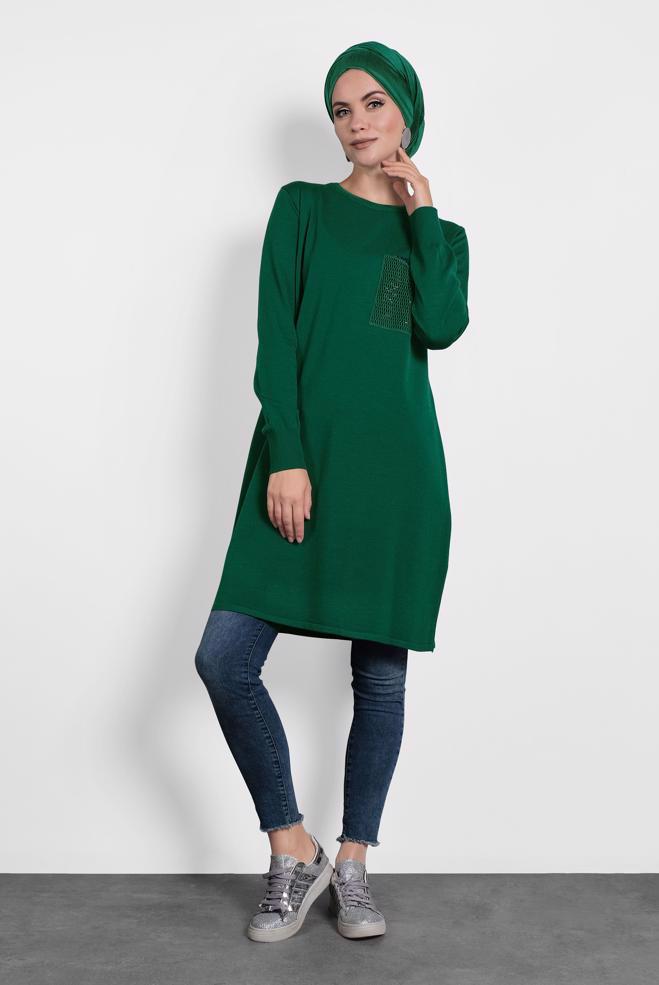 Tesettür giyim YEŞİL FİLE DETAYLI TRİKO TUNİK 40009