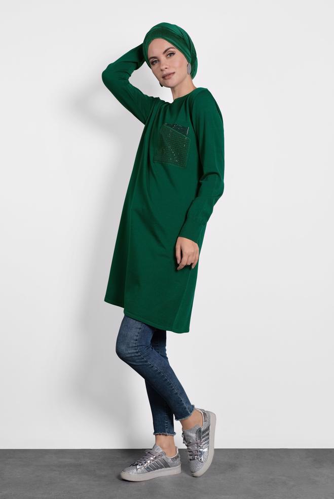 Tesettür giyim YEŞİL FİLE DETAYLI TRİKO TUNİK 40009