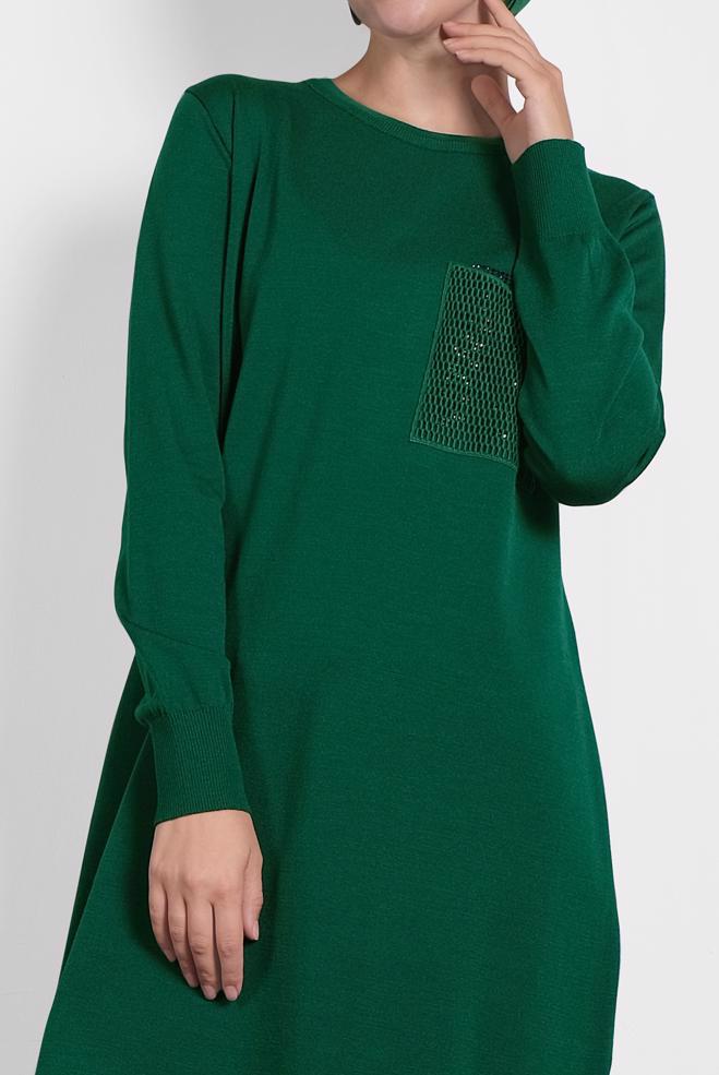 Tesettür giyim YEŞİL FİLE DETAYLI TRİKO TUNİK 40009