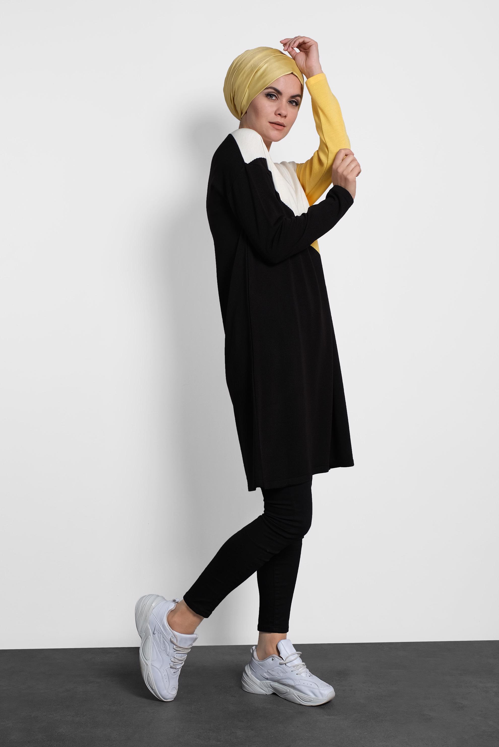 Tesettür giyim SİYAH ÜÇ RENKLİ TRİKO TUNİK 40010