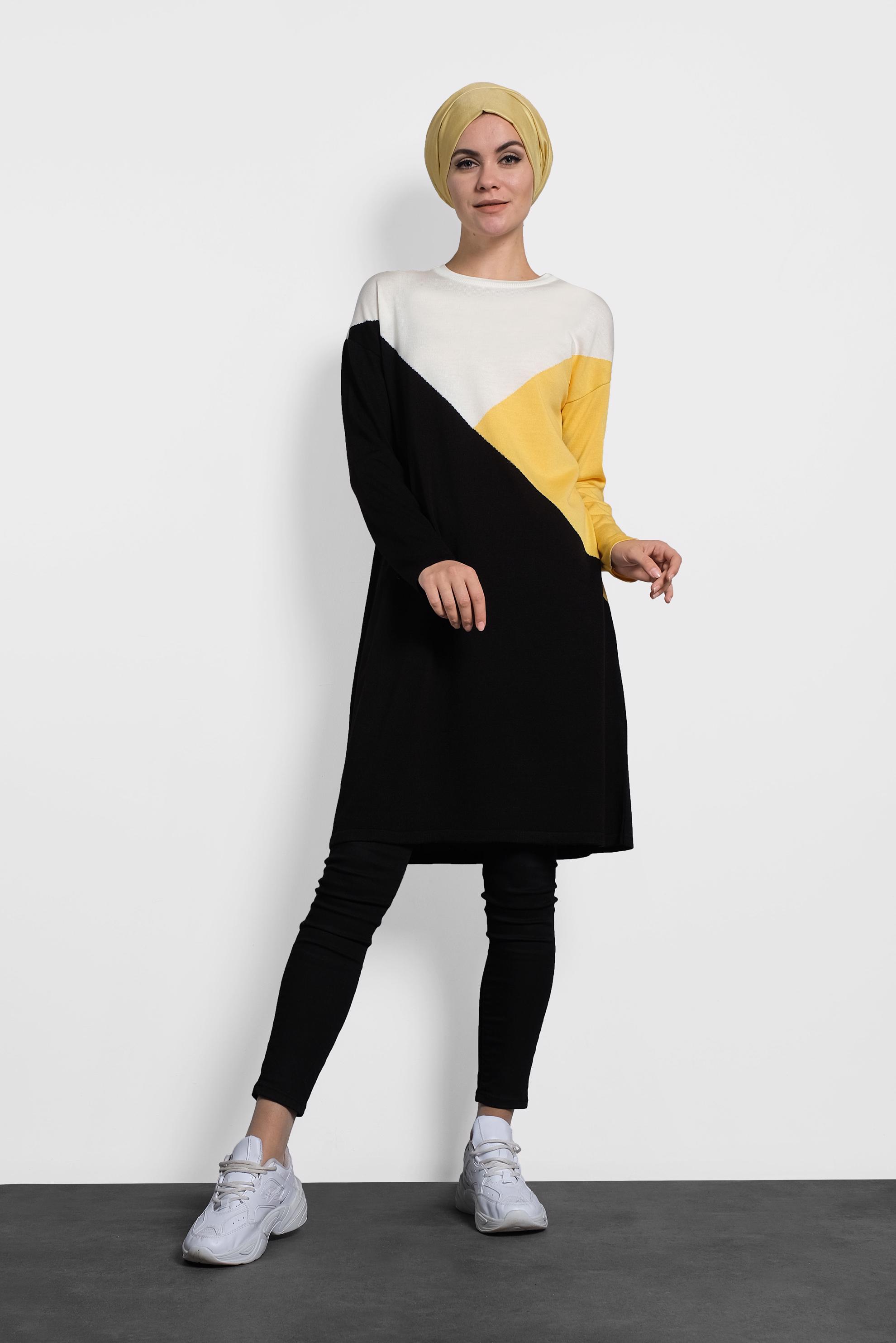 Tesettür giyim SİYAH ÜÇ RENKLİ TRİKO TUNİK 40010